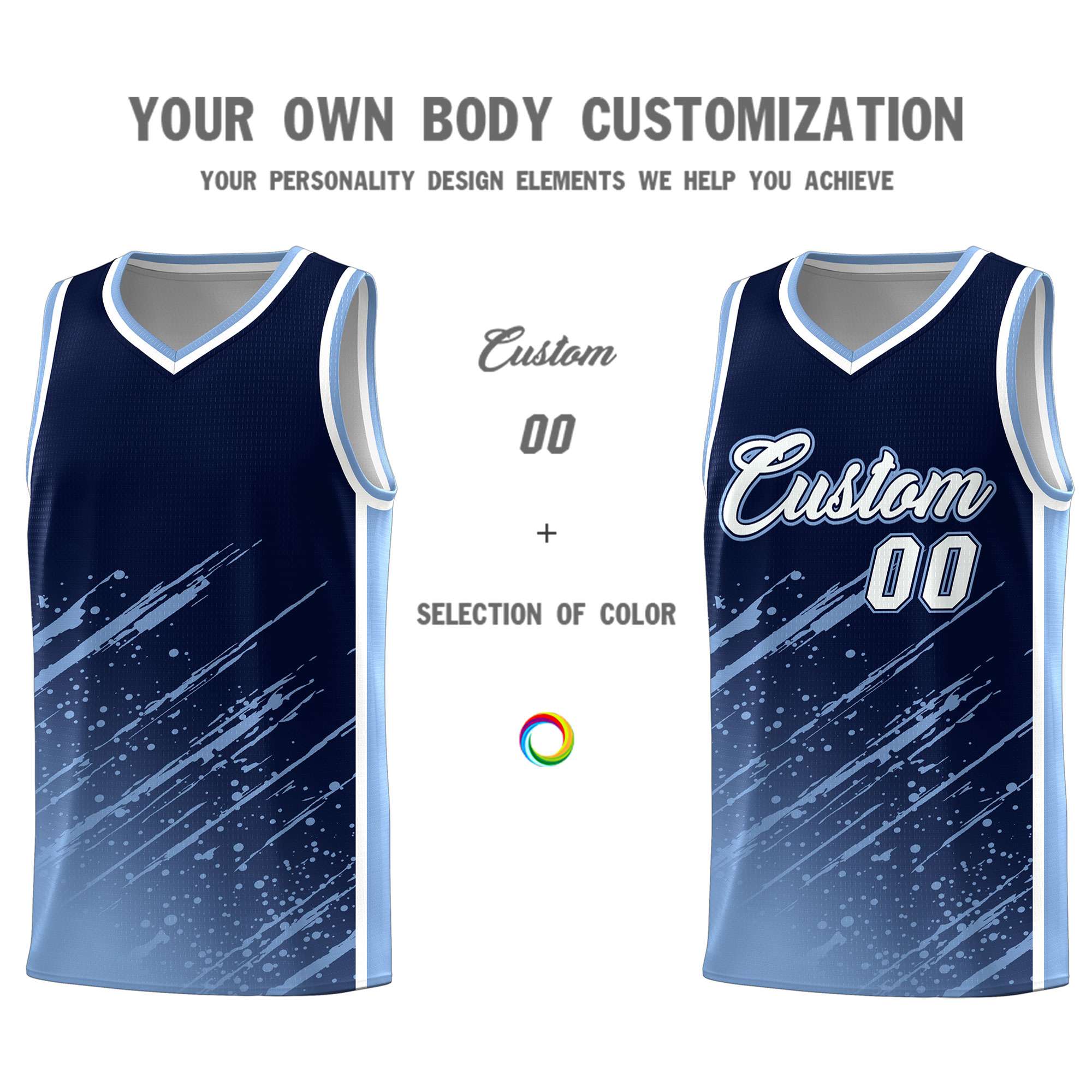 Custom Navy Basketball Kits With Light Blue Paint Graffiti