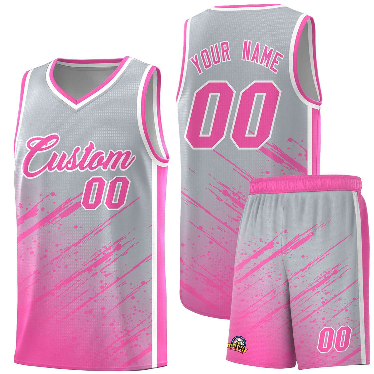 Custom Gray Basketball Kits With Pink Paint Graffiti