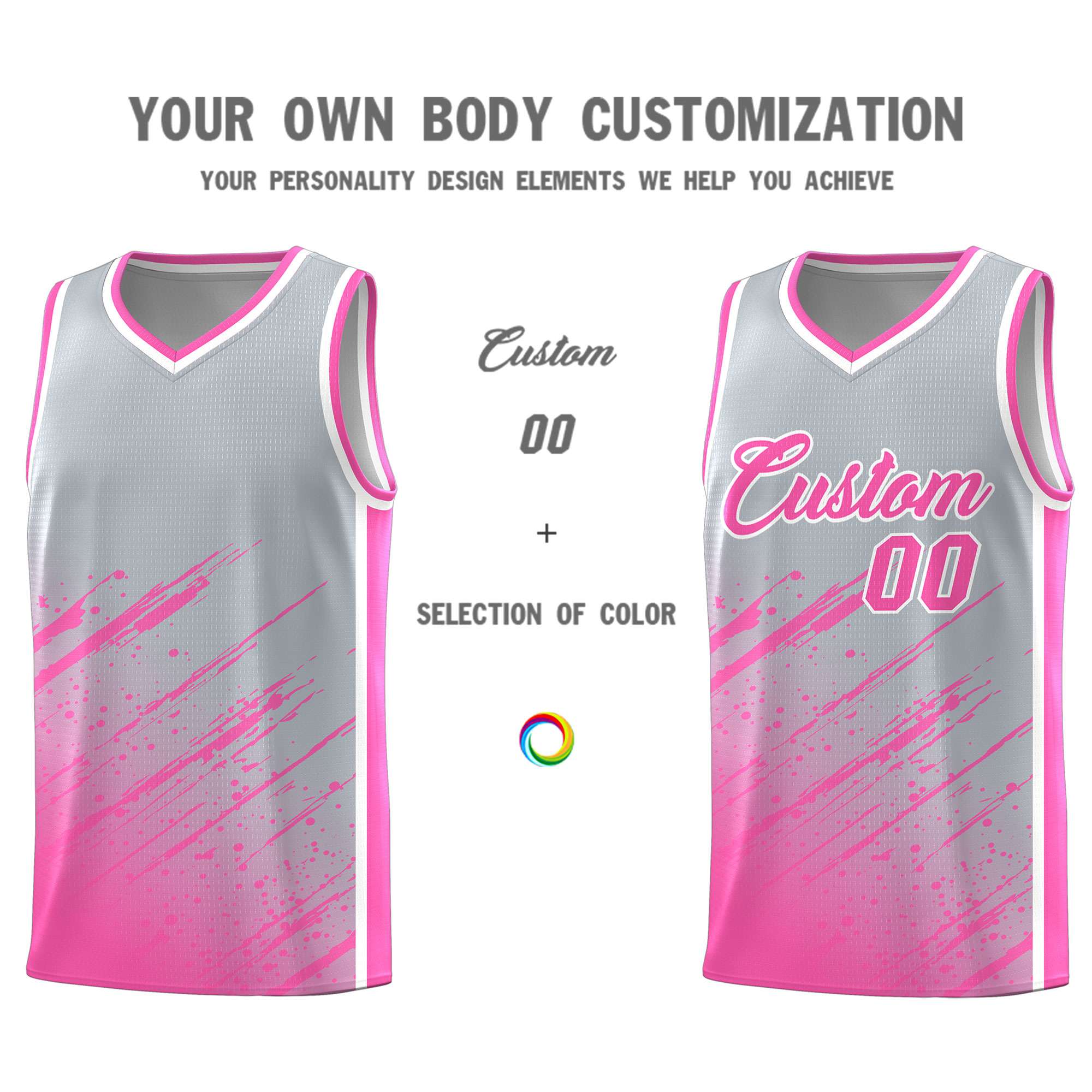 Custom Gray Basketball Kits With Pink Paint Graffiti
