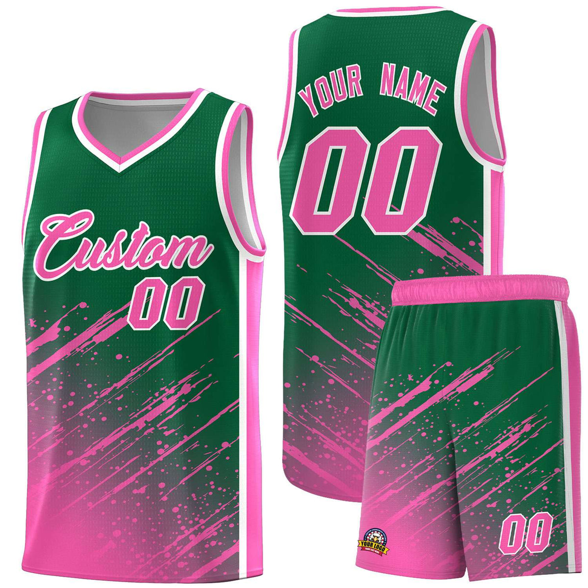 Custom Kelly Green Basketball Kits With Pink Paint Graffiti