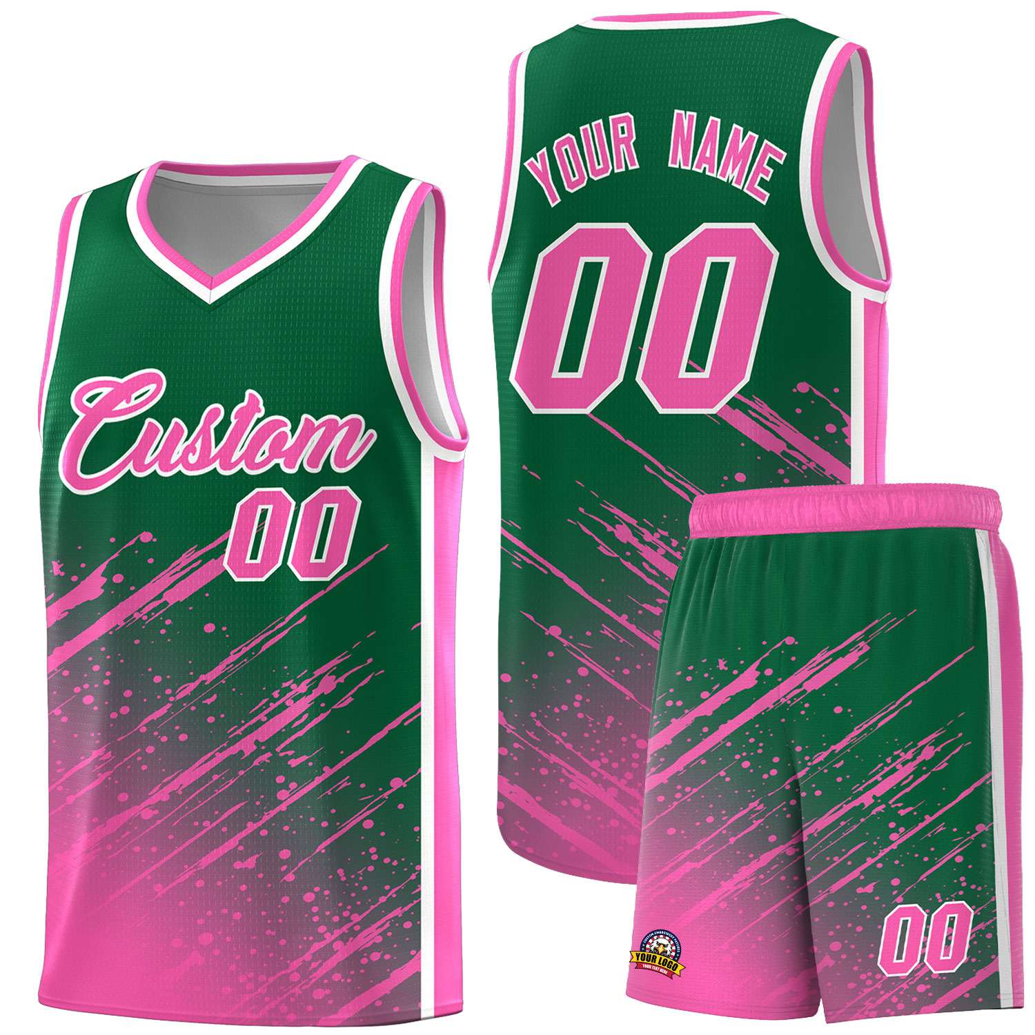 Custom Kelly Green Basketball Kits With Pink Paint Graffiti