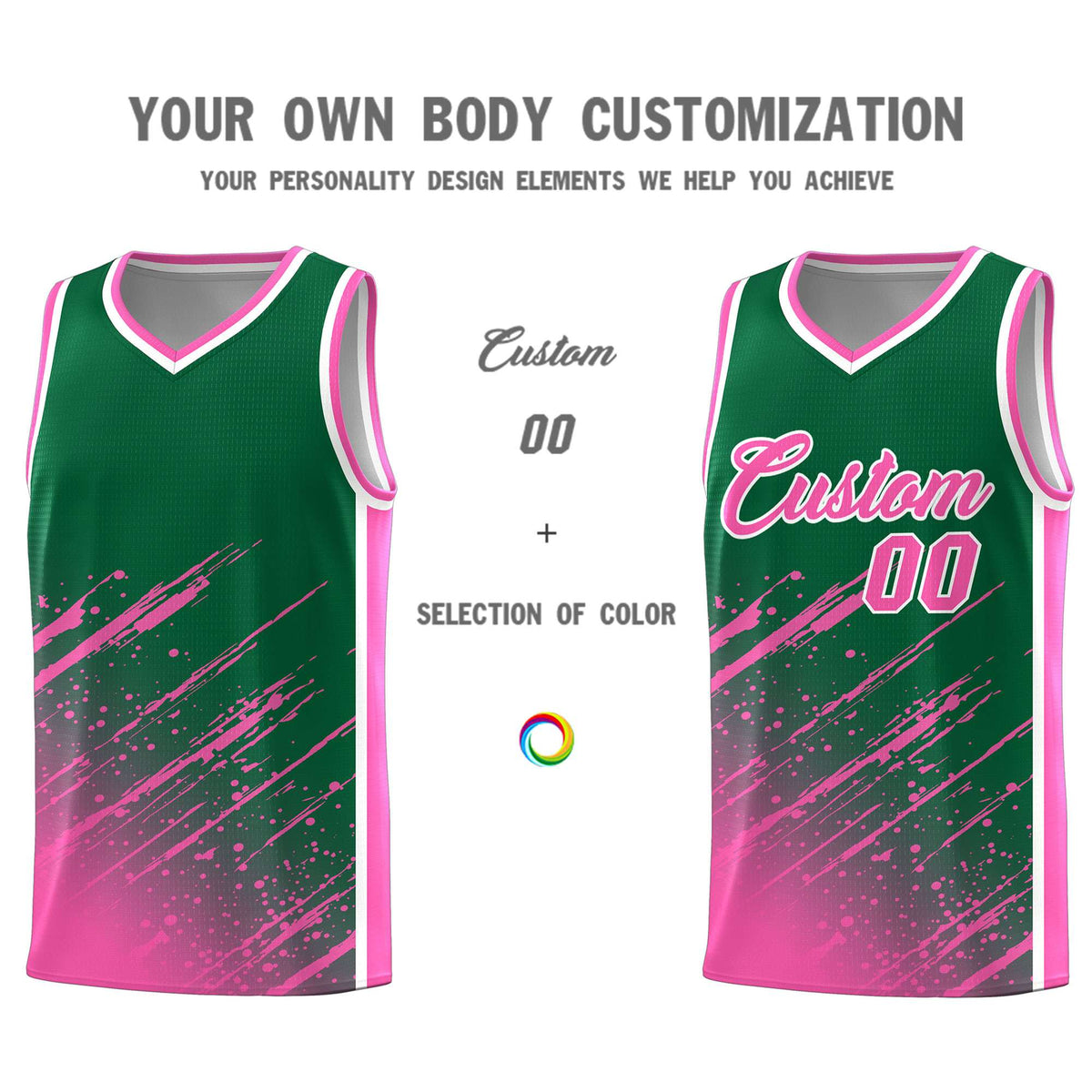 Custom Kelly Green Basketball Kits With Pink Paint Graffiti