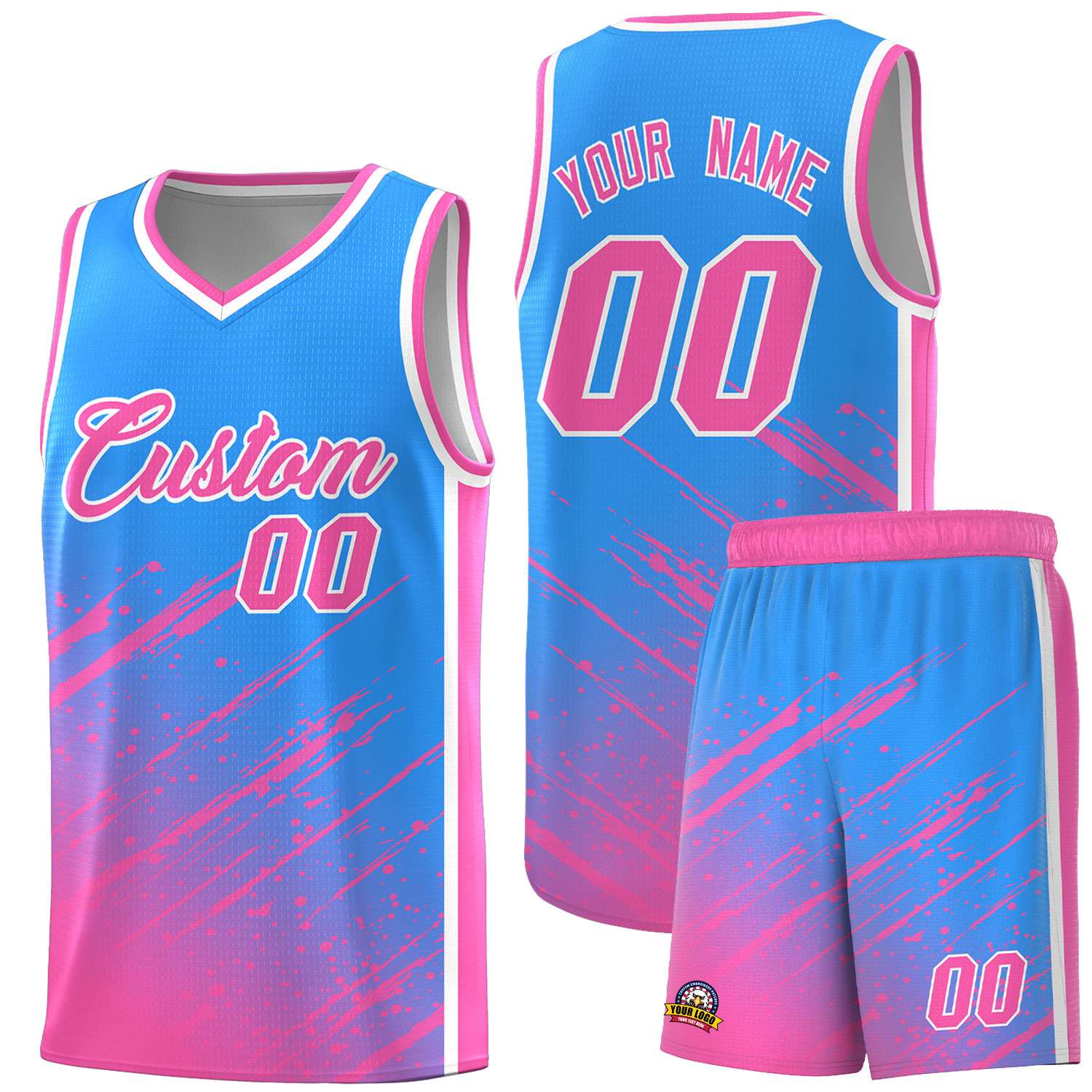 Custom Powder Blue Basketball Kits With Pink Paint Graffiti