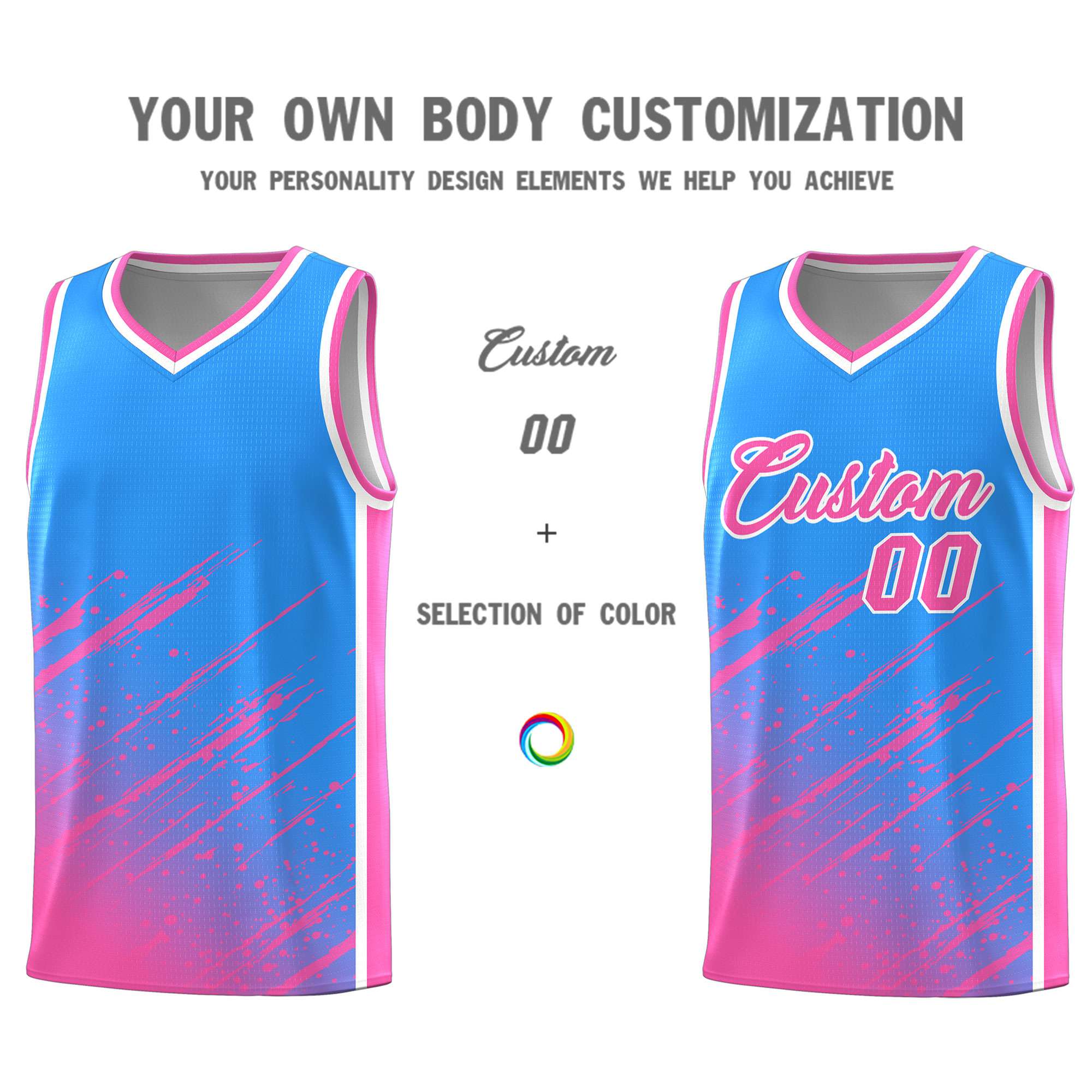 Custom Powder Blue Basketball Kits With Pink Paint Graffiti