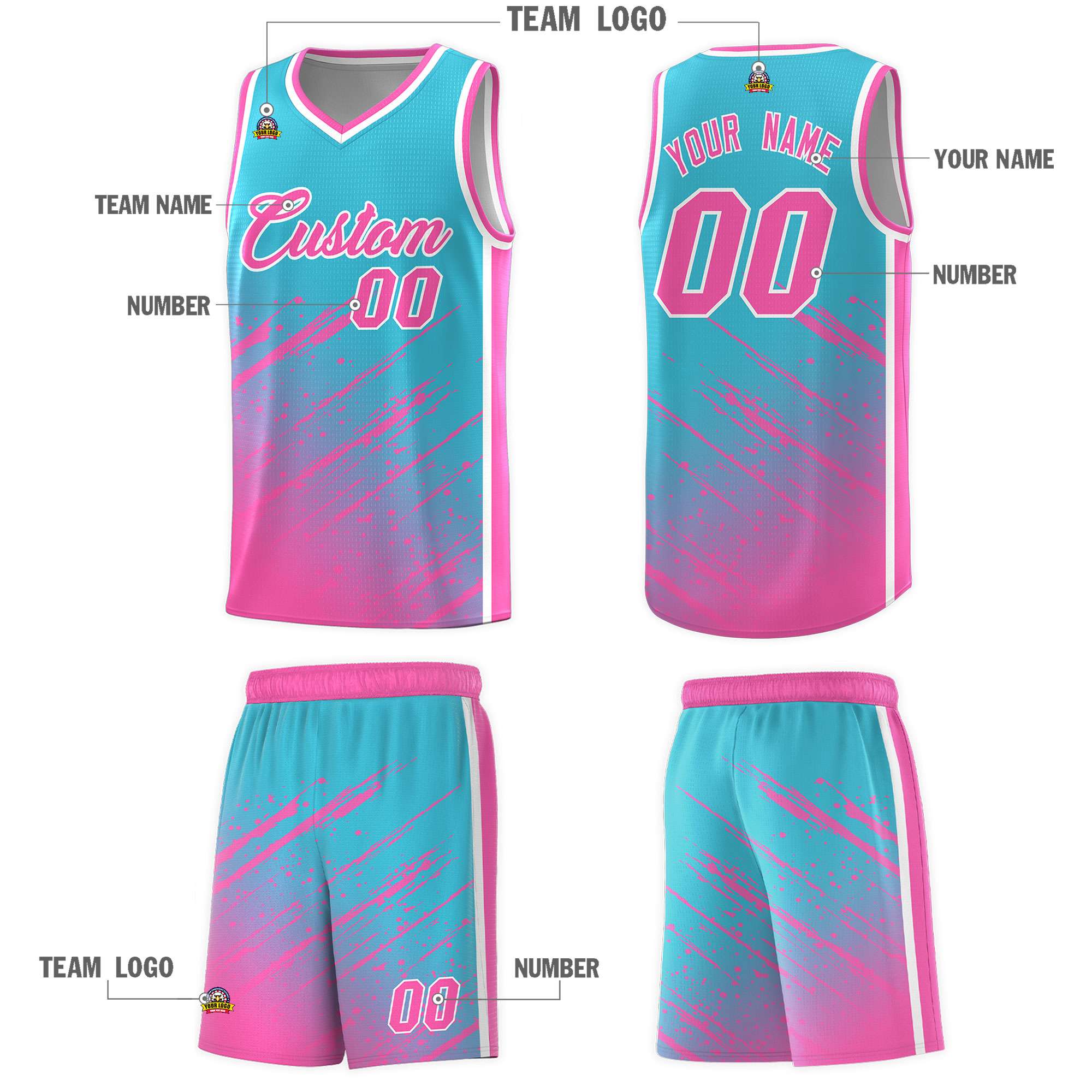 Custom Sky Blue Basketball Kits With Pink Paint Graffiti