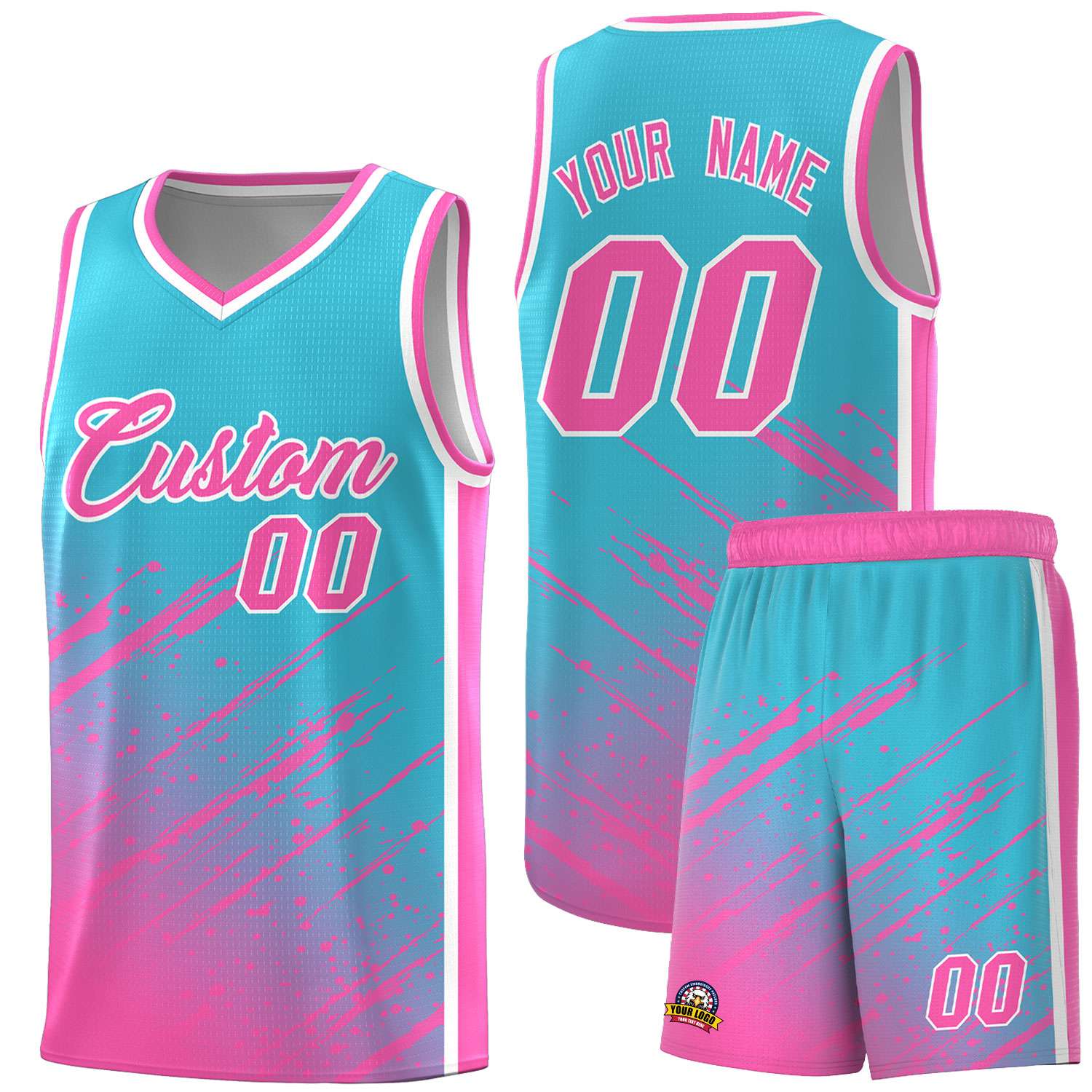 Custom Sky Blue Basketball Kits With Pink Paint Graffiti