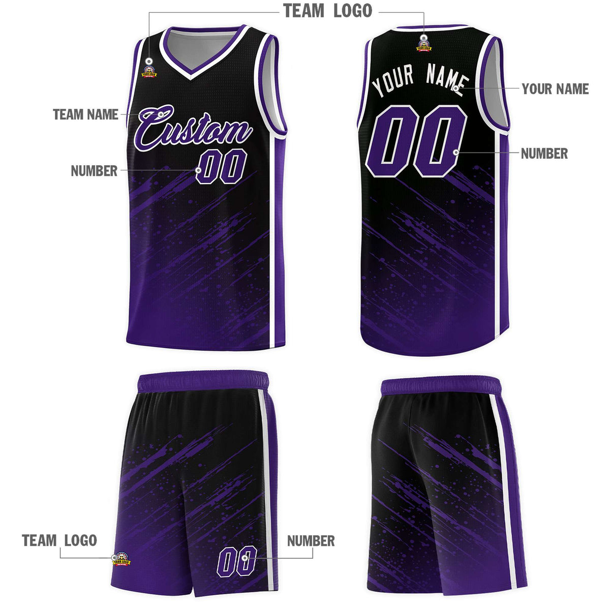 Custom Black Basketball Kits With Purple Paint Graffiti