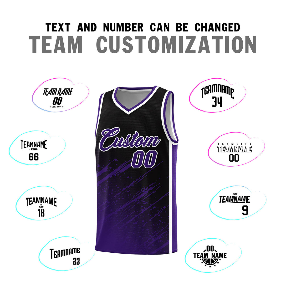 Custom Black Basketball Kits With Purple Paint Graffiti