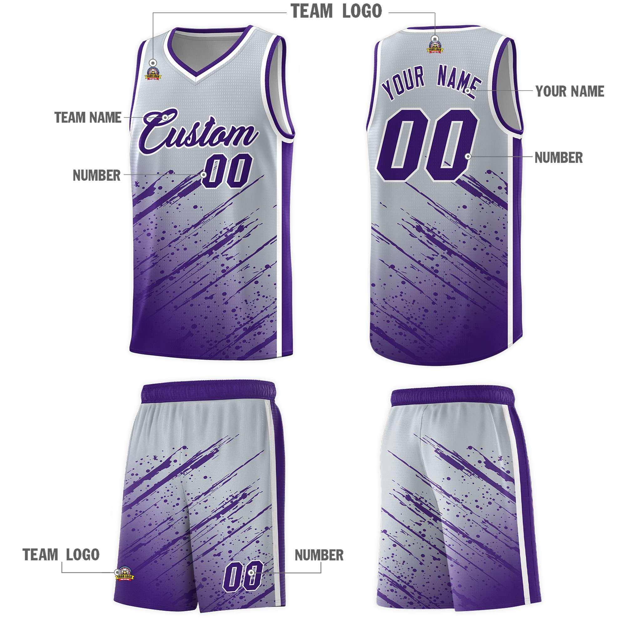 Custom Gray Basketball Kits With Purple Paint Graffiti