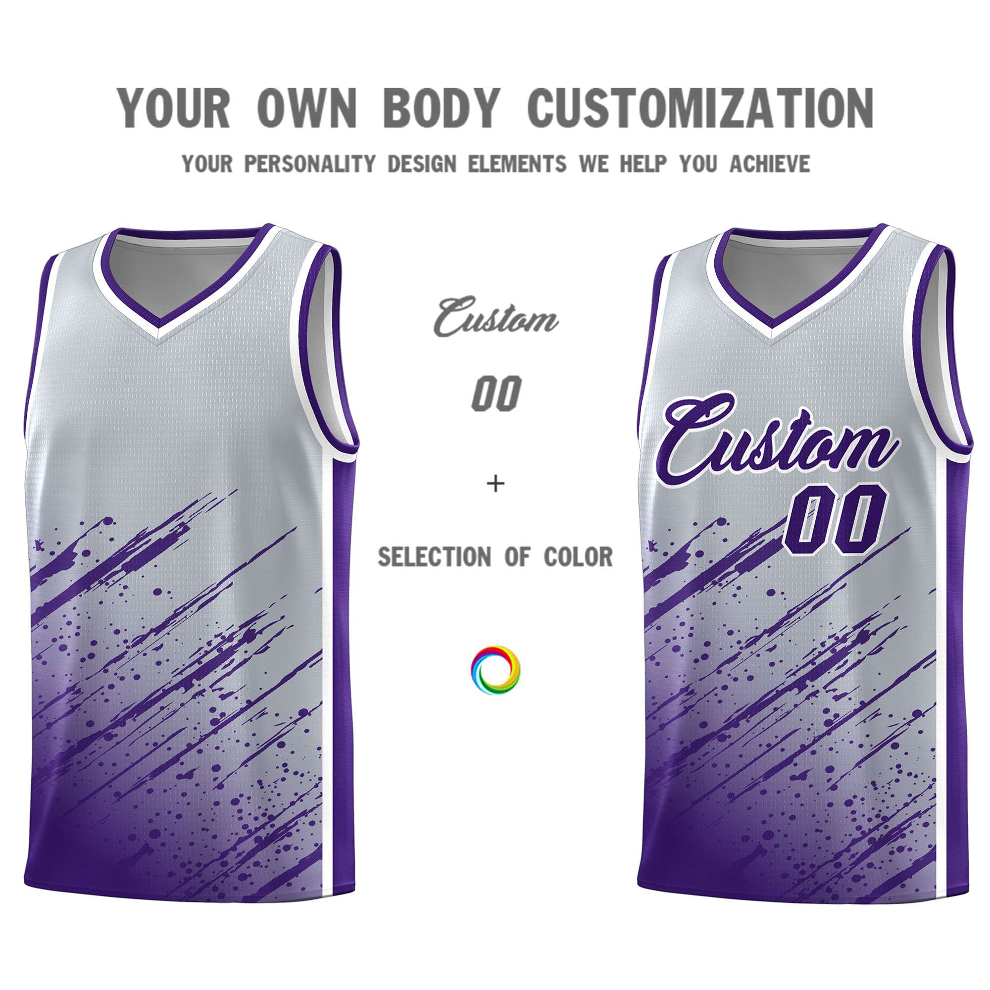 Custom Gray Basketball Kits With Purple Paint Graffiti