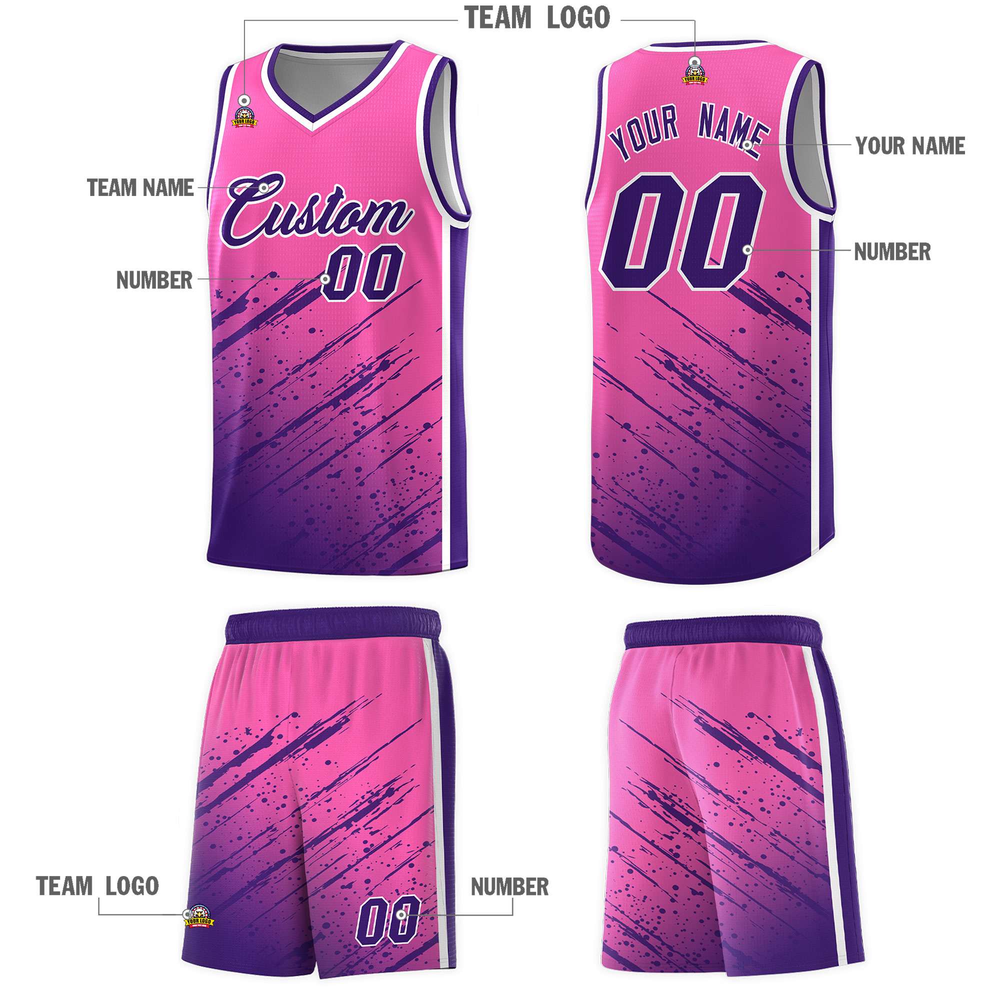 Custom Pink Basketball Kits With Purple Paint Graffiti