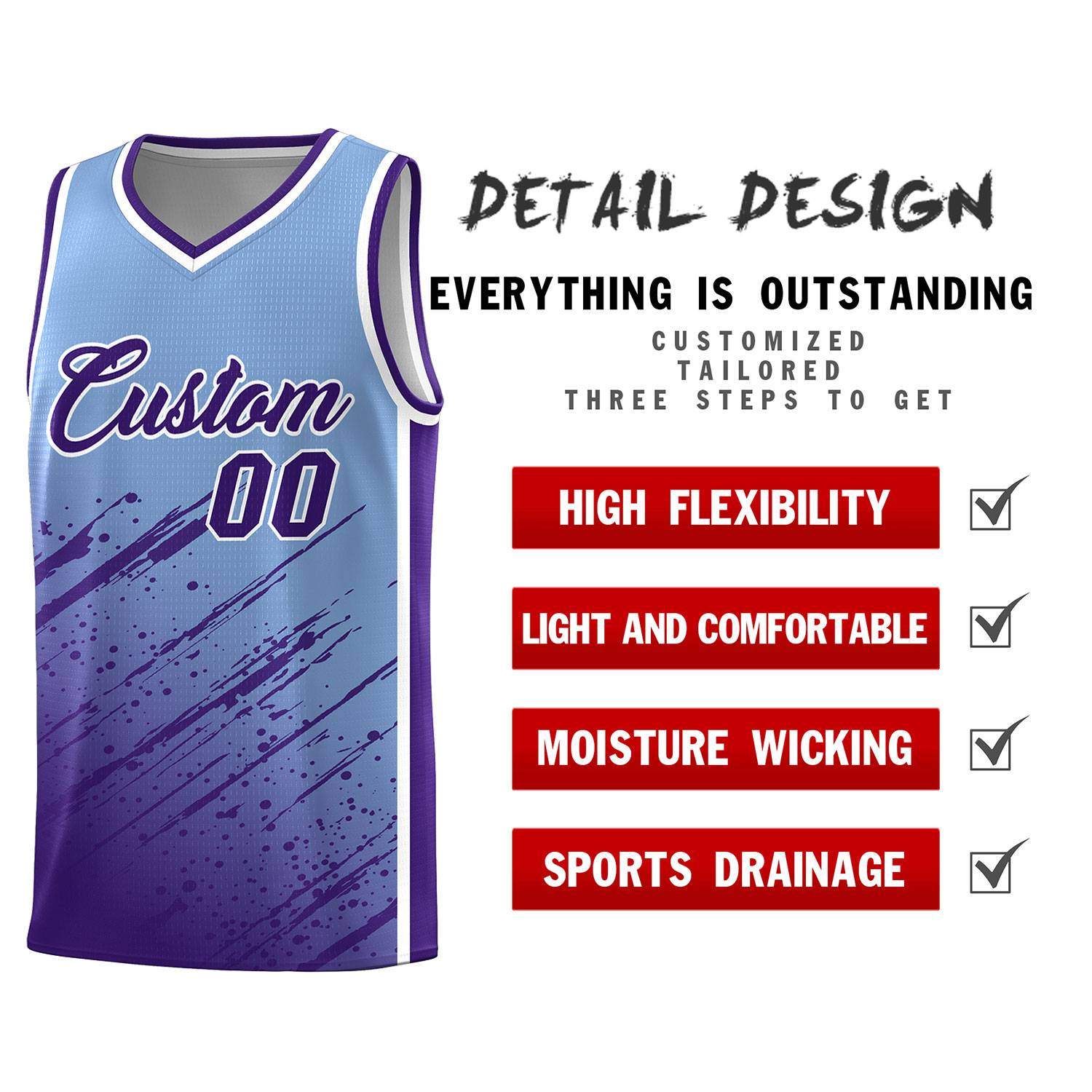Custom Light Blue Basketball Kits With Purple Paint Graffiti