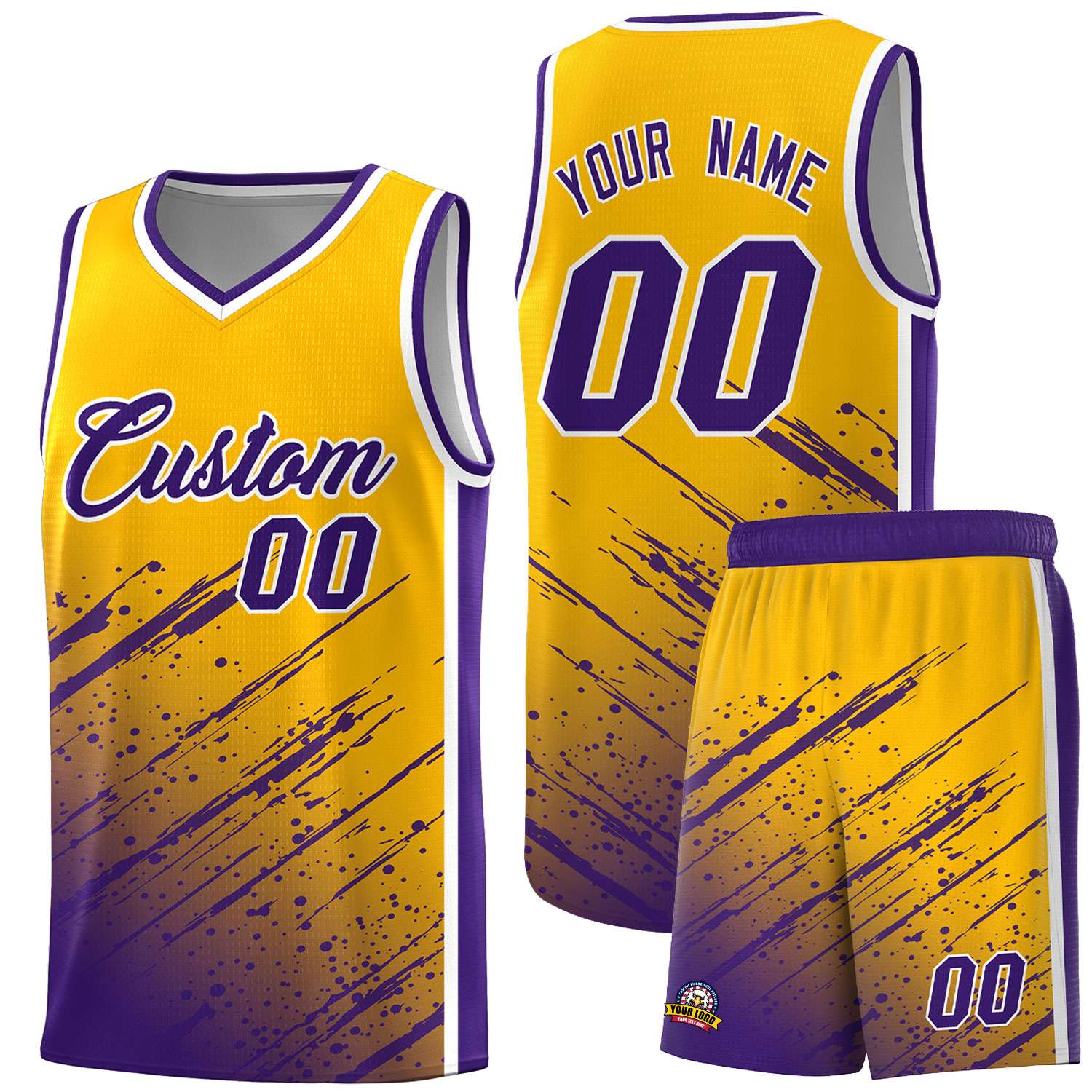 Custom Yellow Basketball Kits With Purple Paint Graffiti