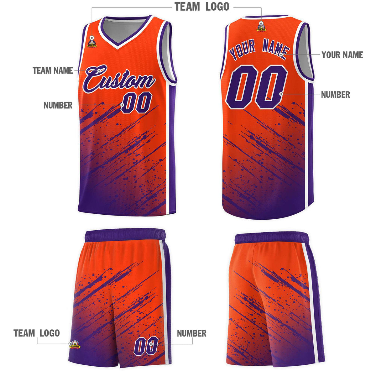 Custom Orange Basketball Kits With Purple Paint Graffiti