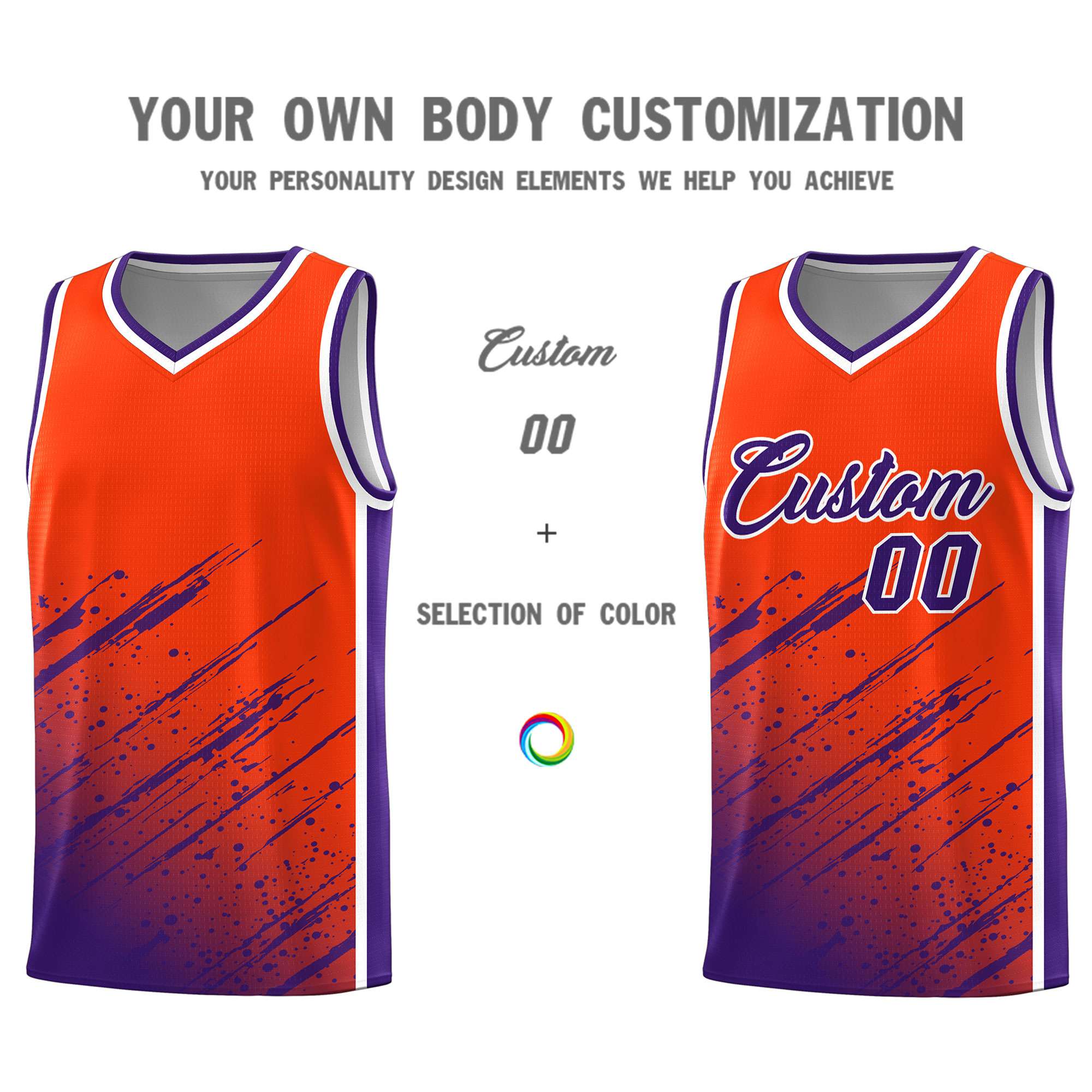 Custom Orange Basketball Kits With Purple Paint Graffiti