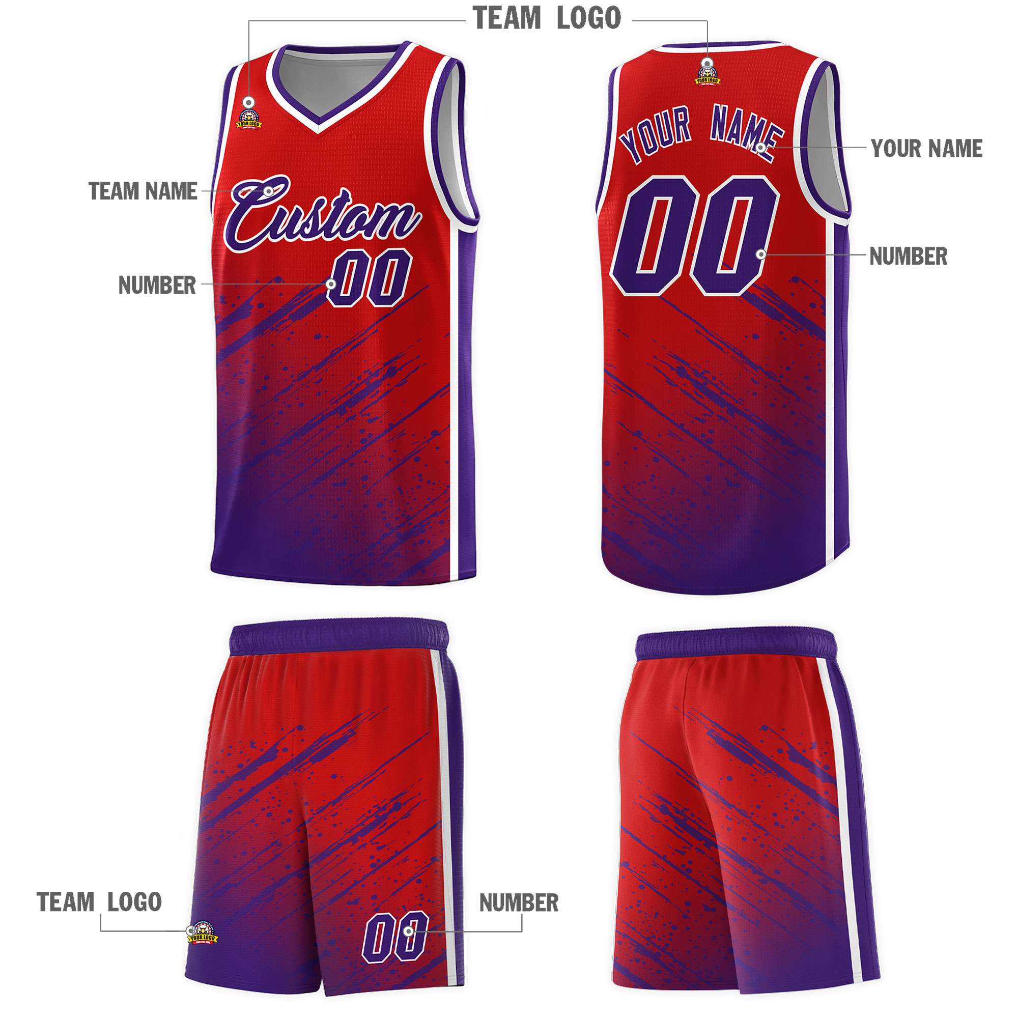 Custom Red Basketball Kits With Purple Paint Graffiti