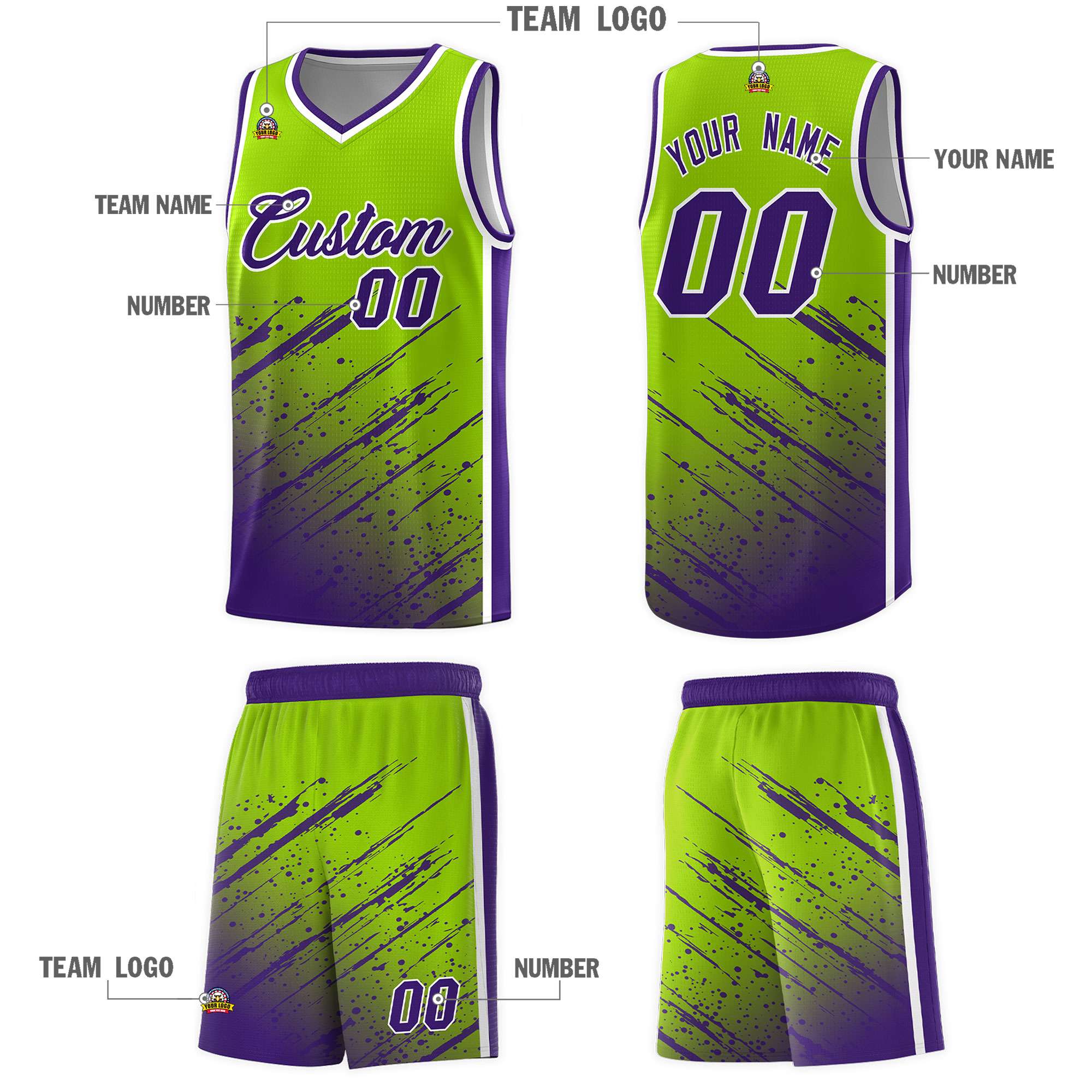 Custom Neon Green Basketball Kits With Purple Paint Graffiti