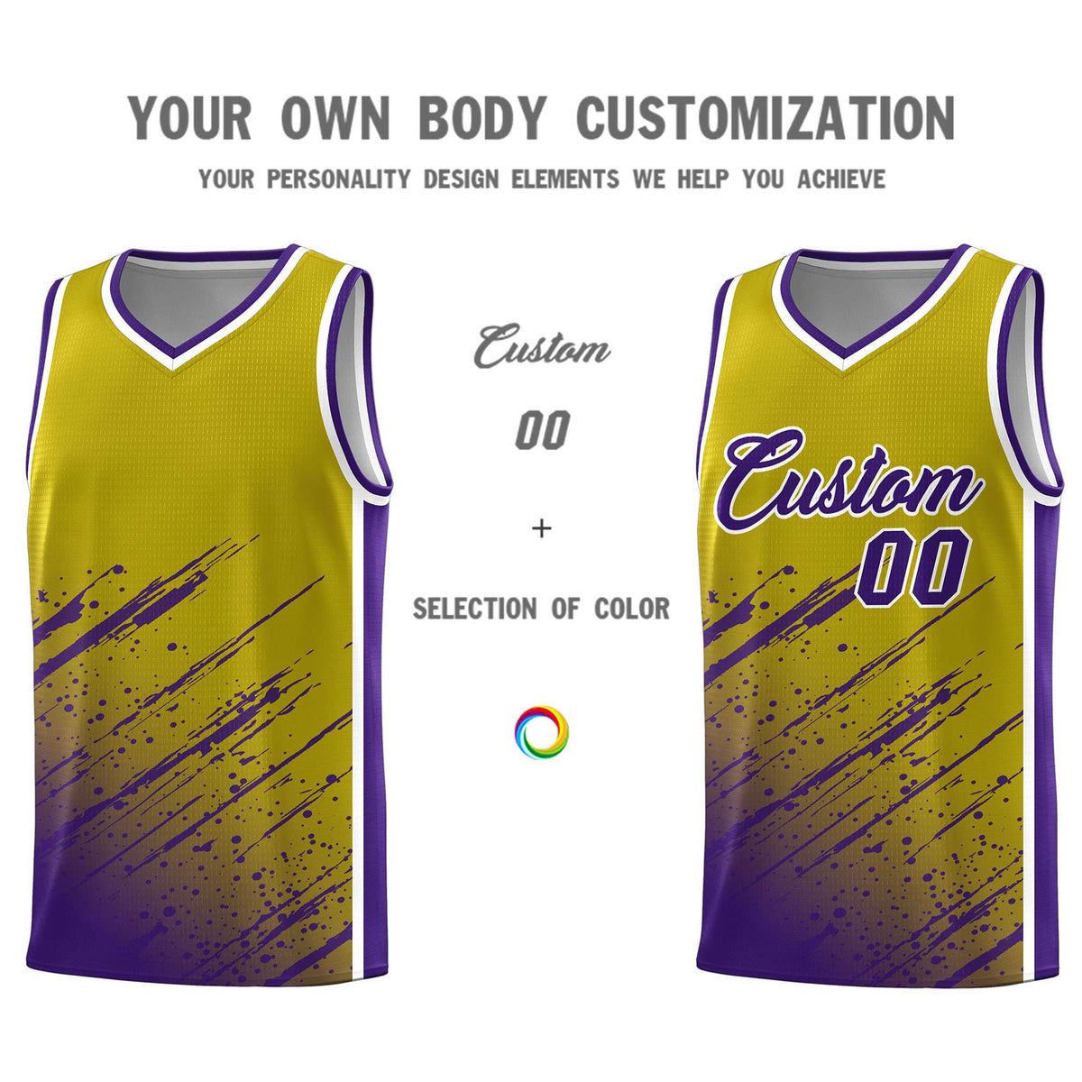 Custom Old Gold Basketball Kits With Purple Paint Graffiti