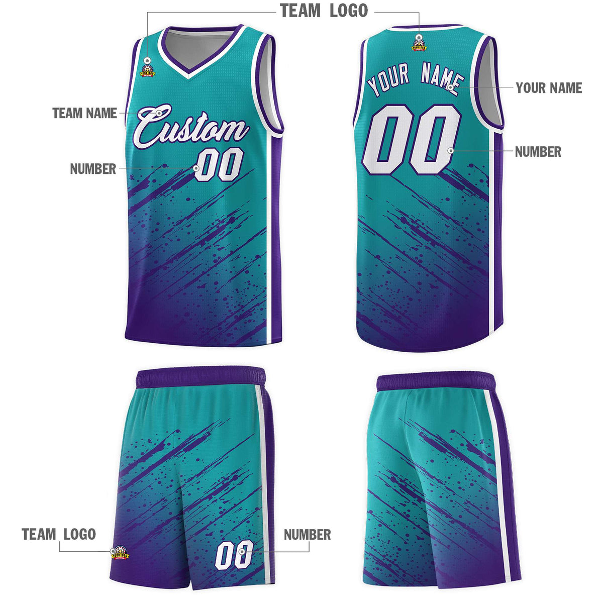 Custom Aqua Basketball Kits With Purple Paint Graffiti