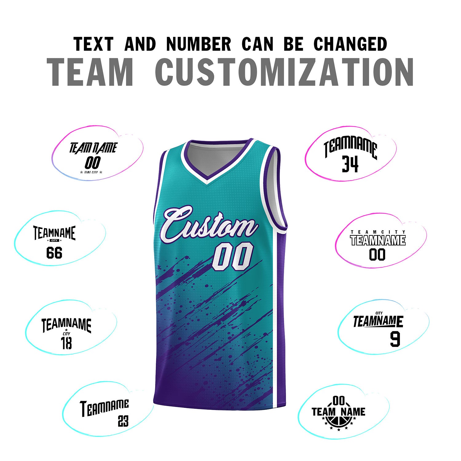 Custom Aqua Basketball Kits With Purple Paint Graffiti
