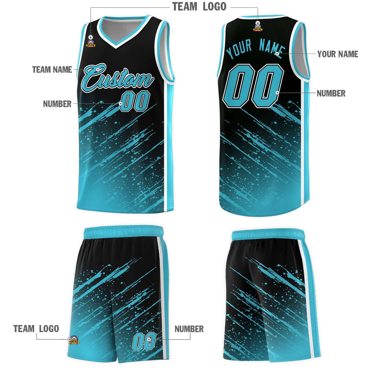 Custom Black Basketball Kits With Sky Blue Paint Graffiti
