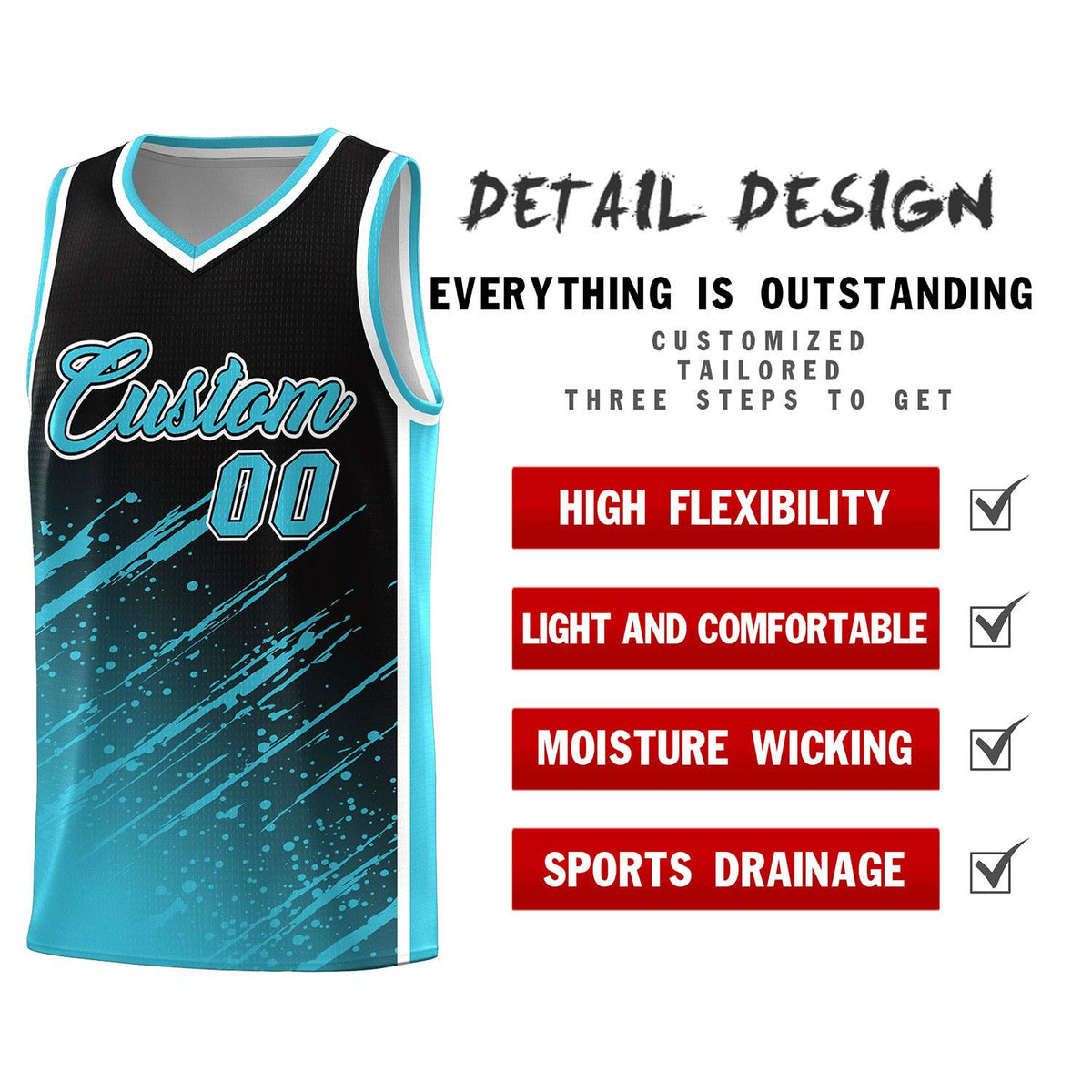 Custom Black Basketball Kits With Sky Blue Paint Graffiti