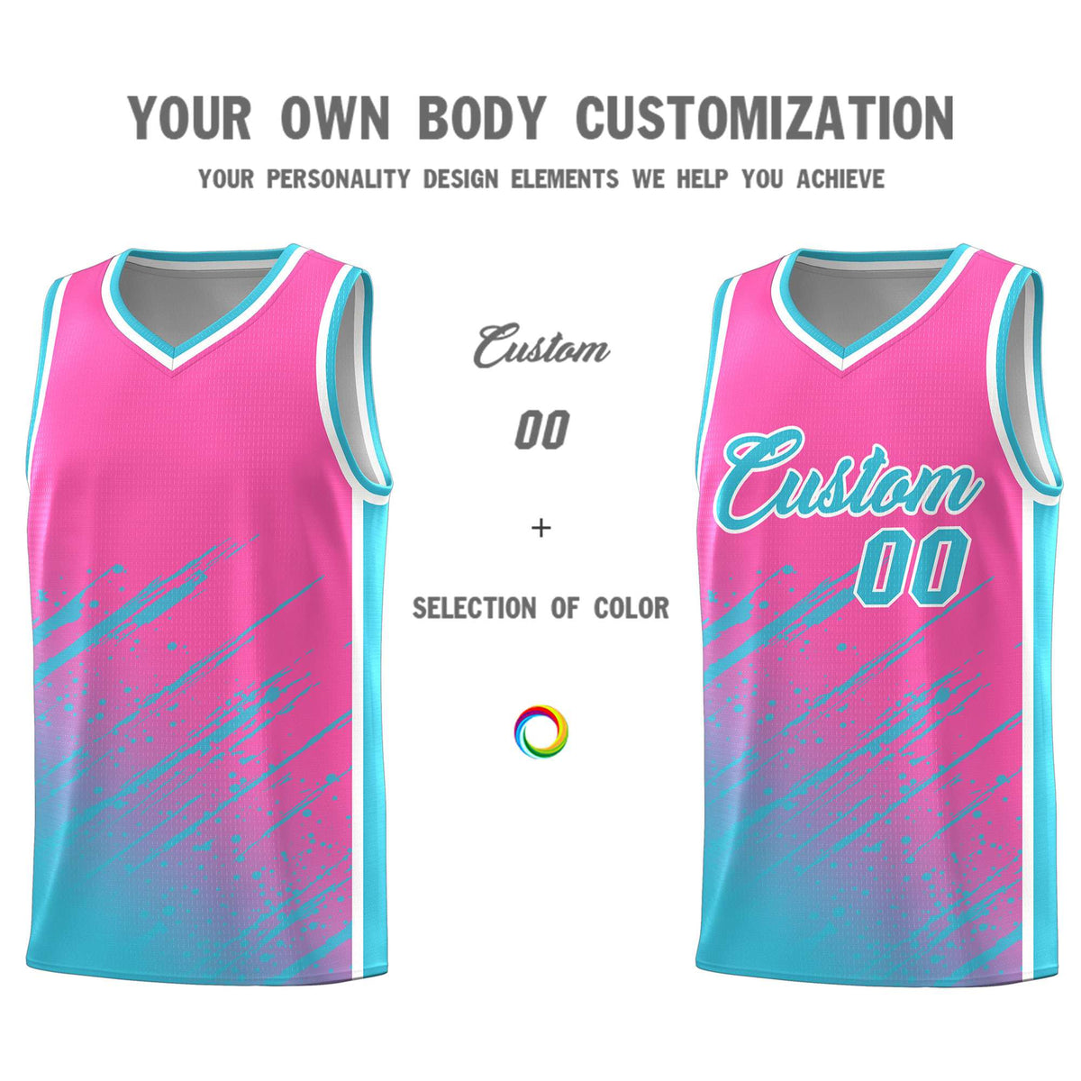 Custom Pink Basketball Kits With Sky Blue Paint Graffiti