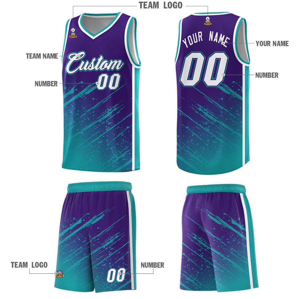 Custom Purple Basketball Kits With Aqua Paint Graffiti