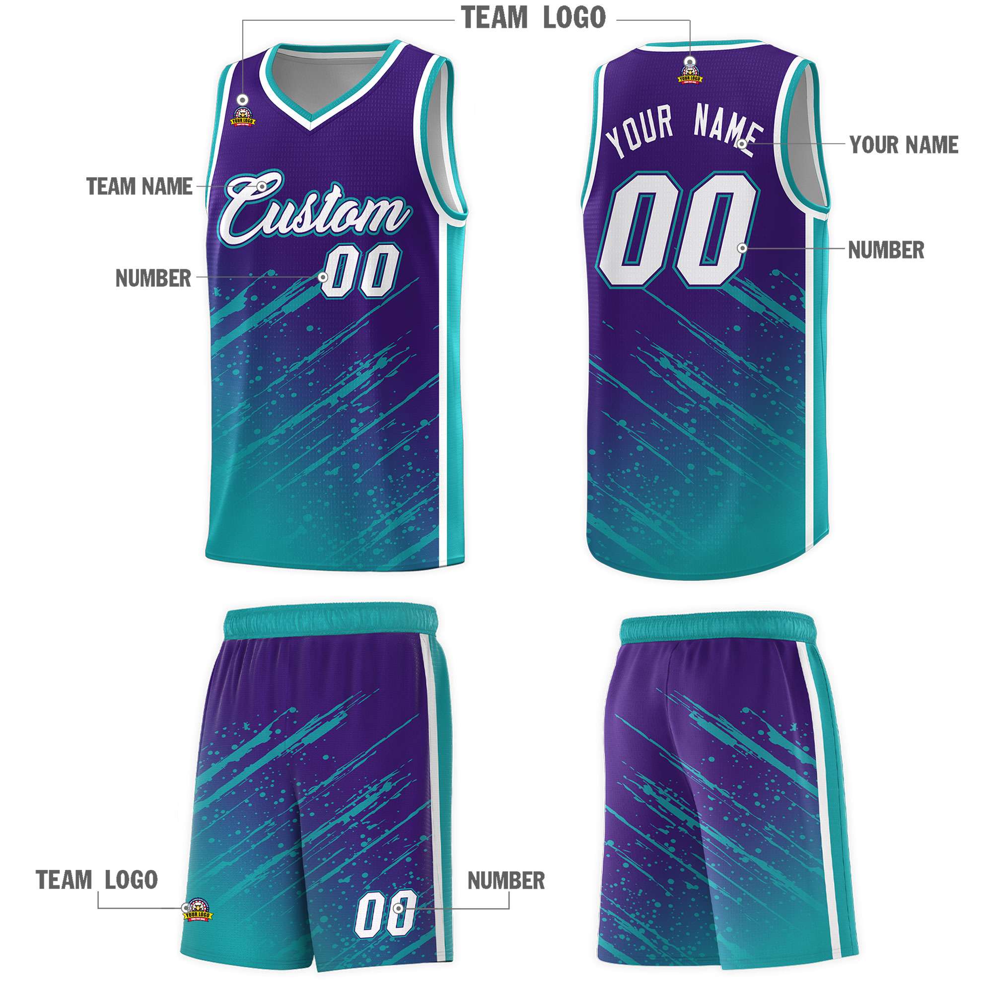 Custom Purple Basketball Kits With Aqua Paint Graffiti
