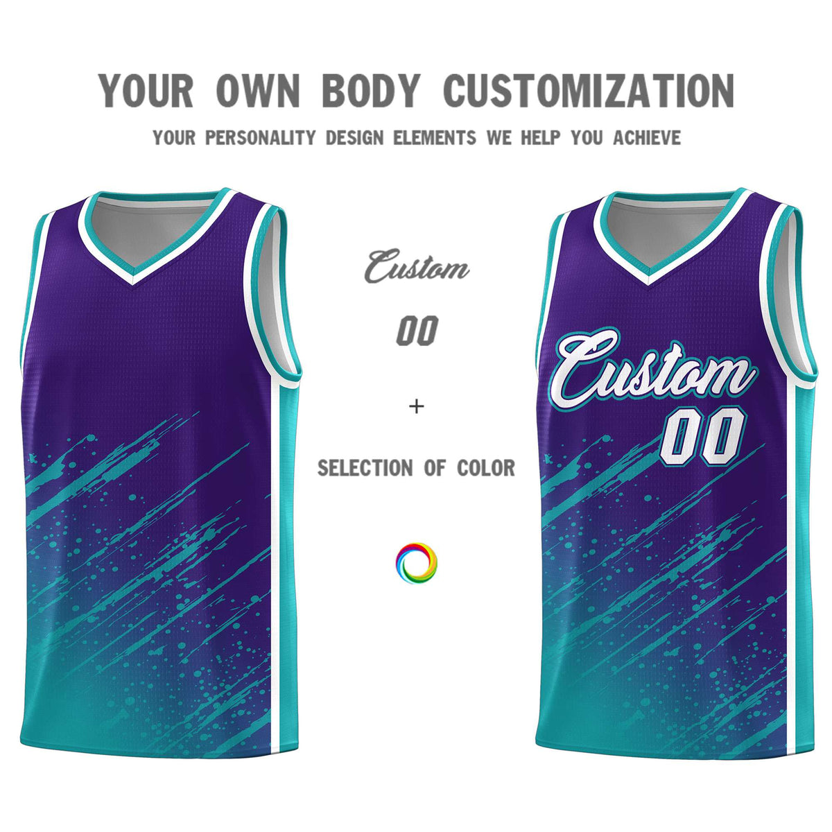 Custom Purple Basketball Kits With Aqua Paint Graffiti