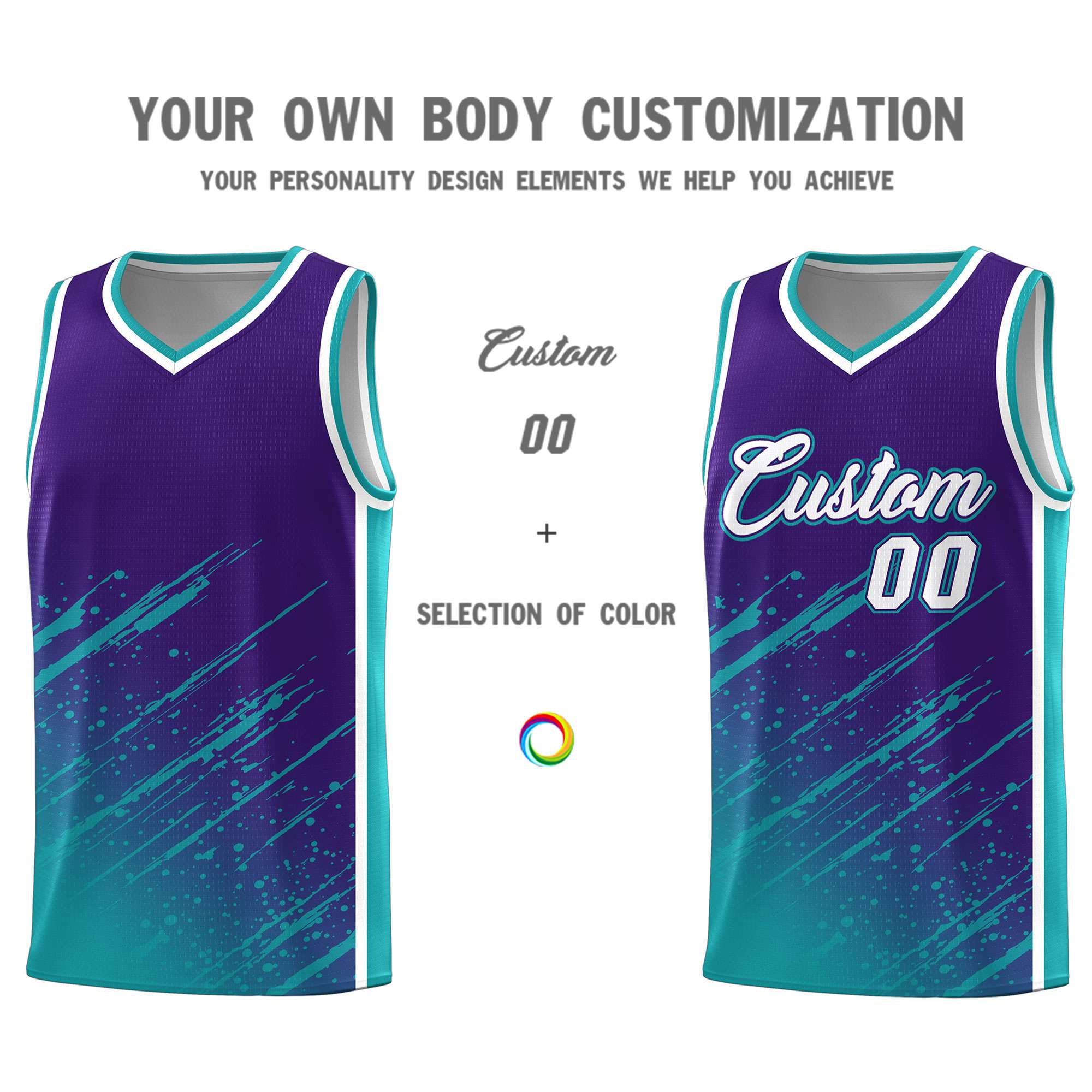 Custom Purple Basketball Kits With Aqua Paint Graffiti