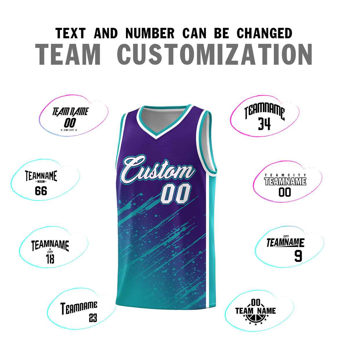 Custom Purple Basketball Kits With Aqua Paint Graffiti