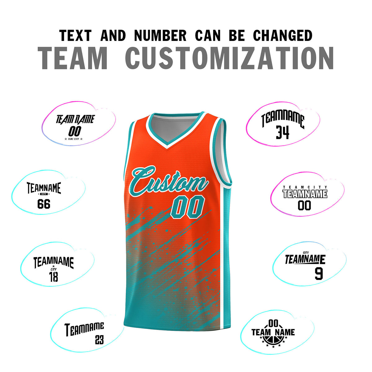 Custom Orange Basketball Kits With Aqua Paint Graffiti