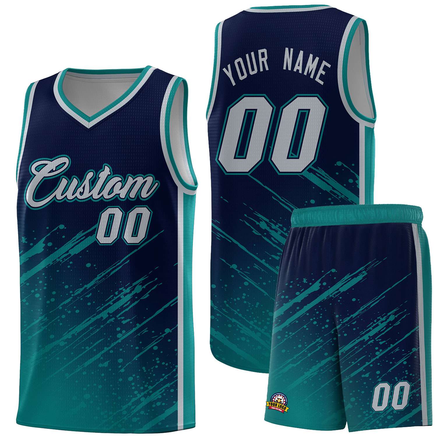 Custom Navy Basketball Kits With Aqua Paint Graffiti