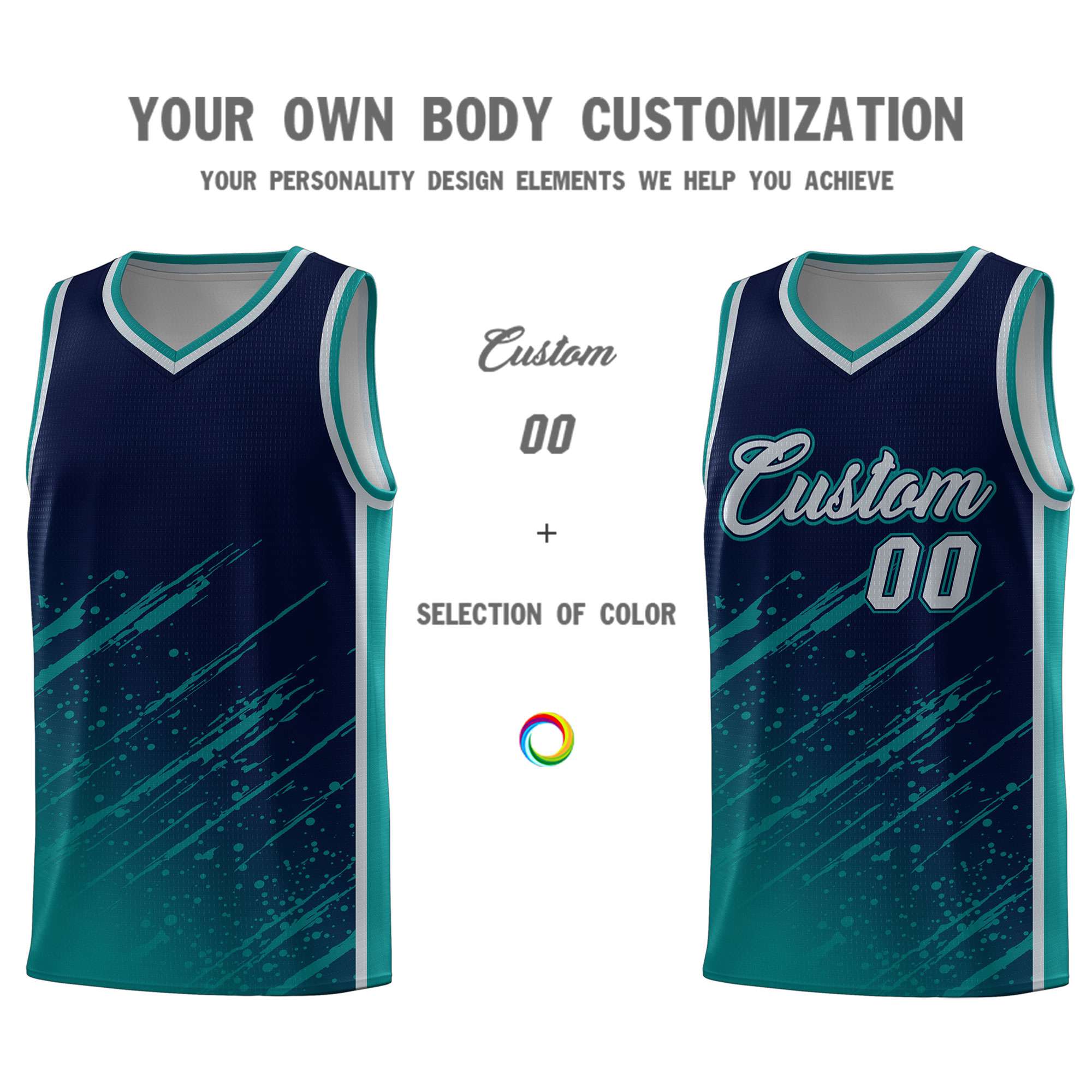 Custom Navy Basketball Kits With Aqua Paint Graffiti