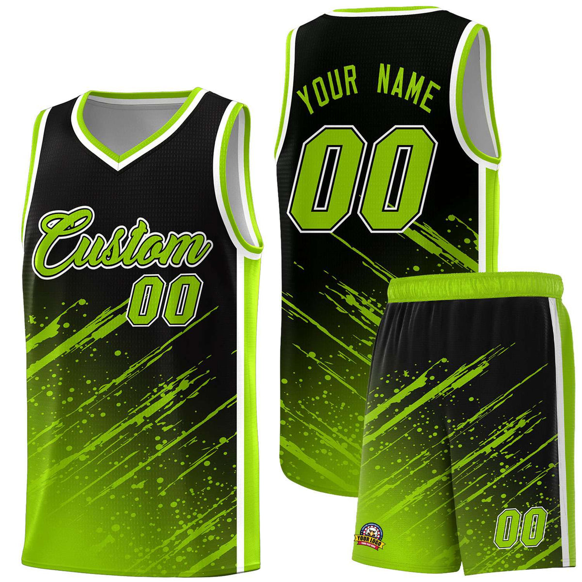 Custom Black Basketball Kits With Neon Green Paint Graffiti