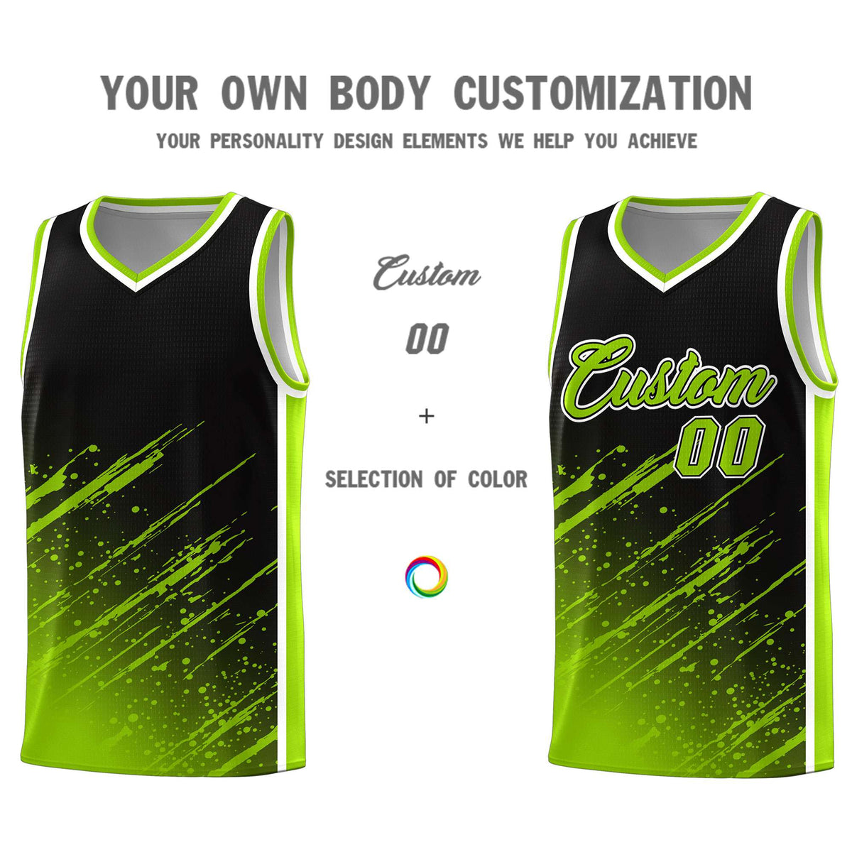 Custom Black Basketball Kits With Neon Green Paint Graffiti
