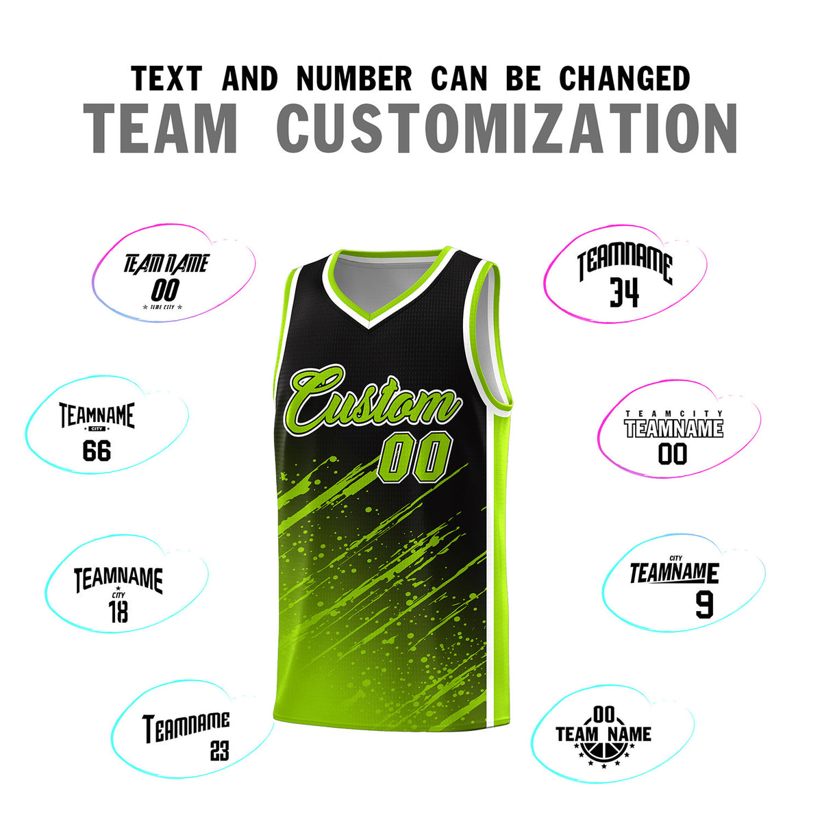 Custom Black Basketball Kits With Neon Green Paint Graffiti