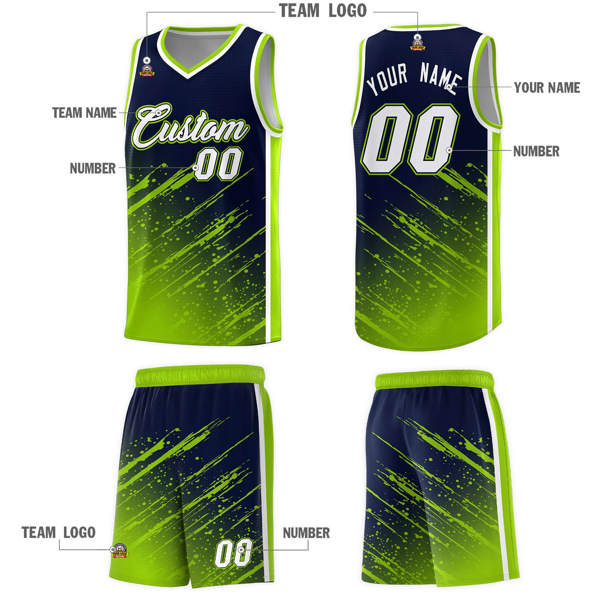 Custom Navy Basketball Kits With Neon Green Paint Graffiti