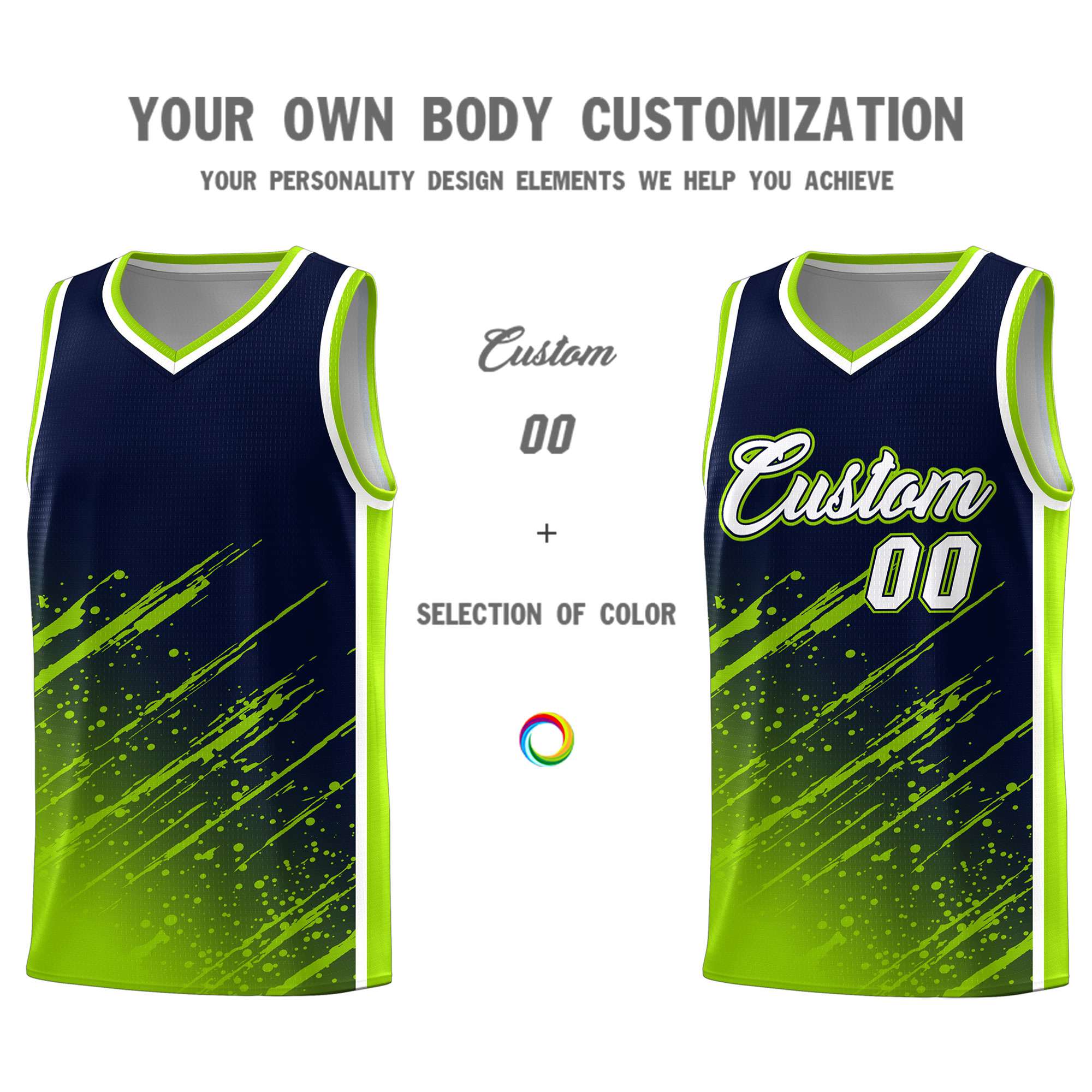 Custom Navy Basketball Kits With Neon Green Paint Graffiti