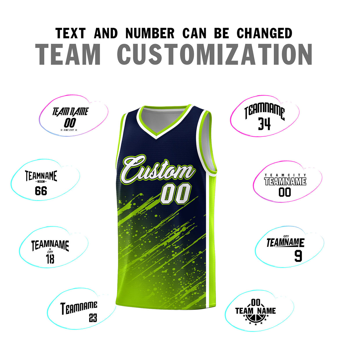 Custom Navy Basketball Kits With Neon Green Paint Graffiti