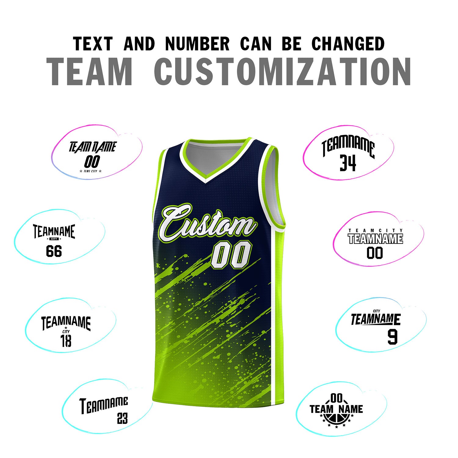 Custom Navy Basketball Kits With Neon Green Paint Graffiti