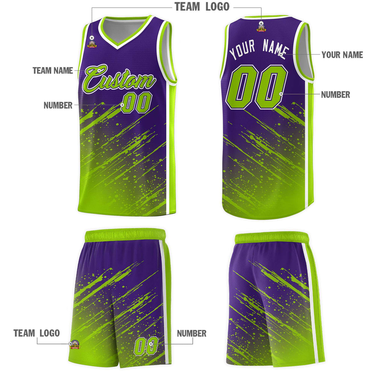Custom Purple Basketball Kits With Neon Green Paint Graffiti