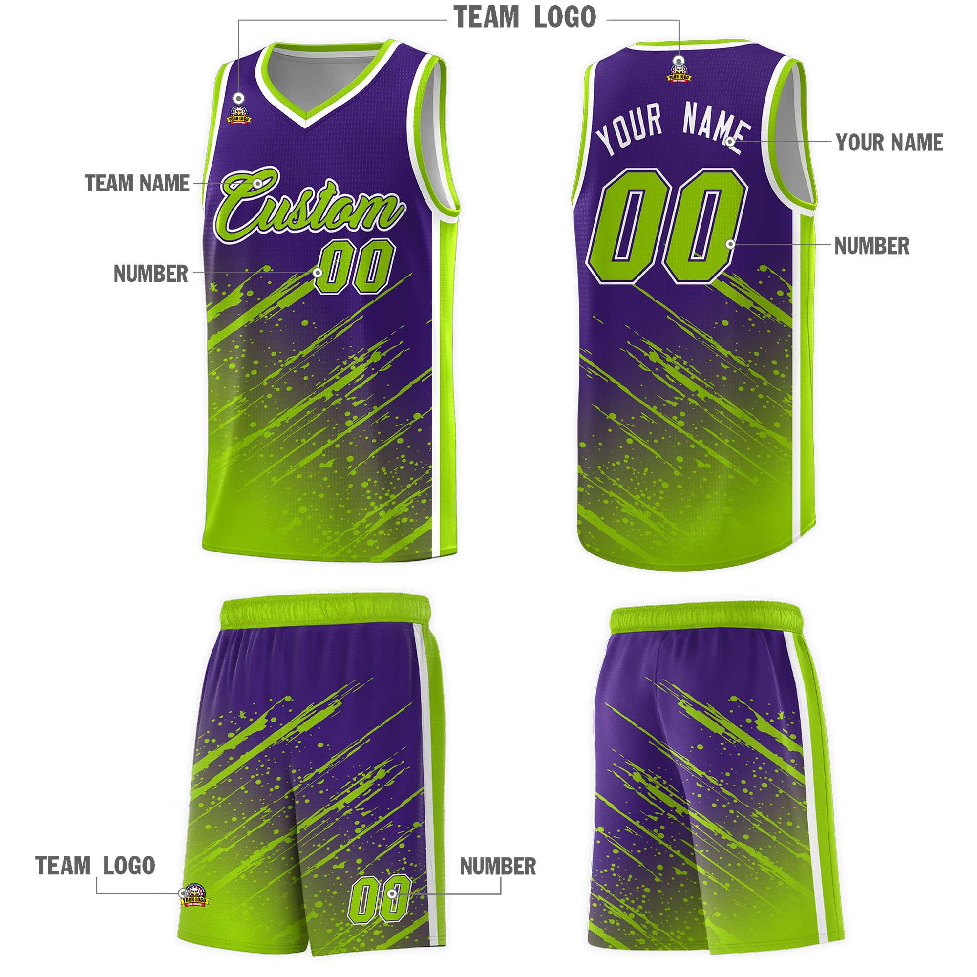 Custom Purple Basketball Kits With Neon Green Paint Graffiti