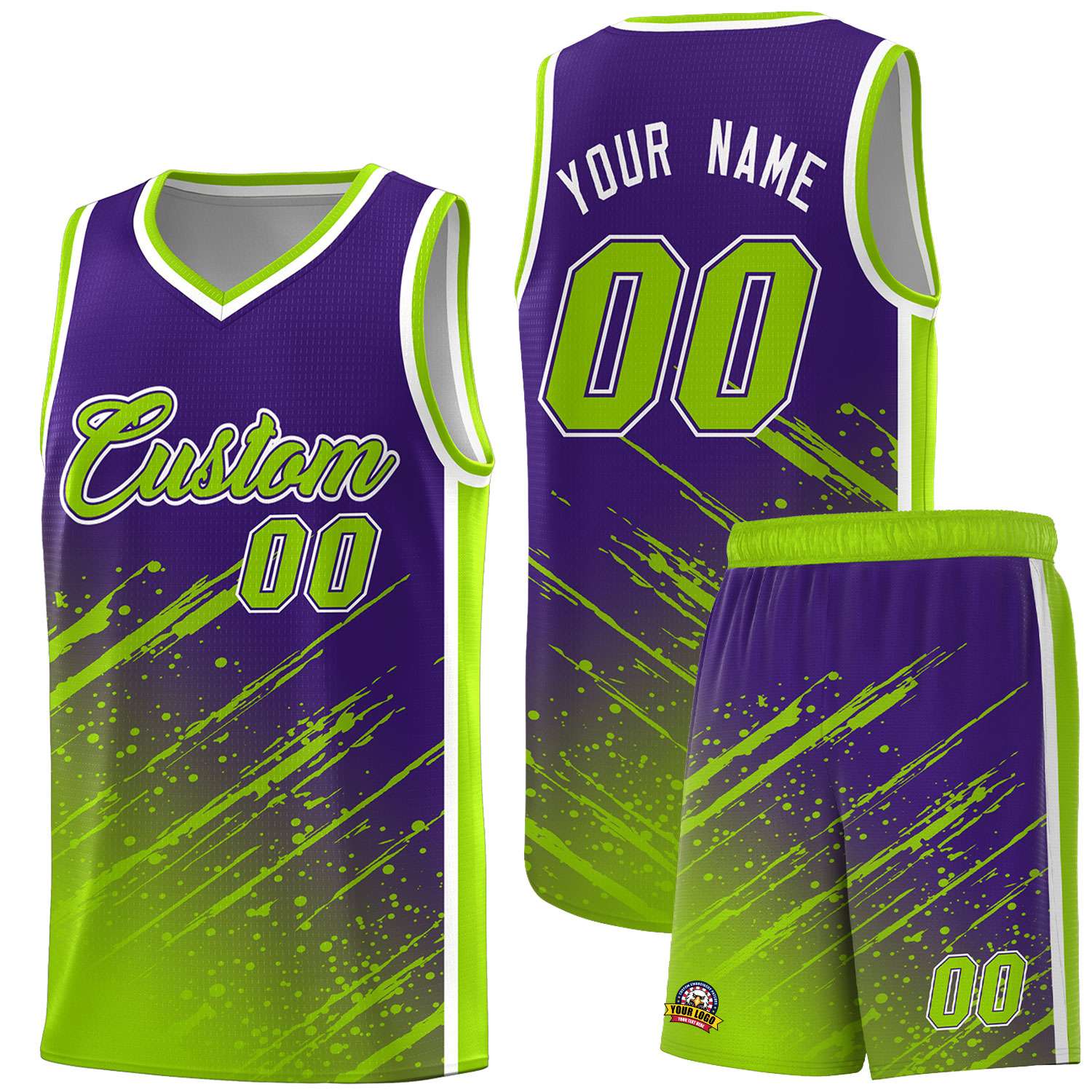Custom Purple Basketball Kits With Neon Green Paint Graffiti