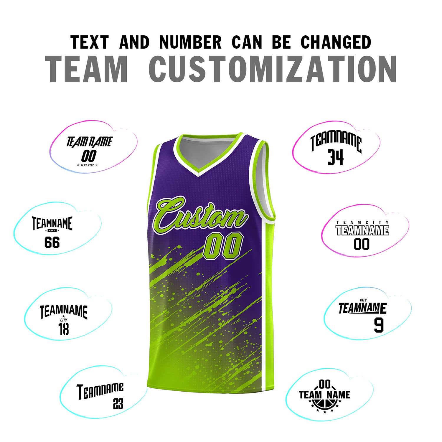 Custom Purple Basketball Kits With Neon Green Paint Graffiti