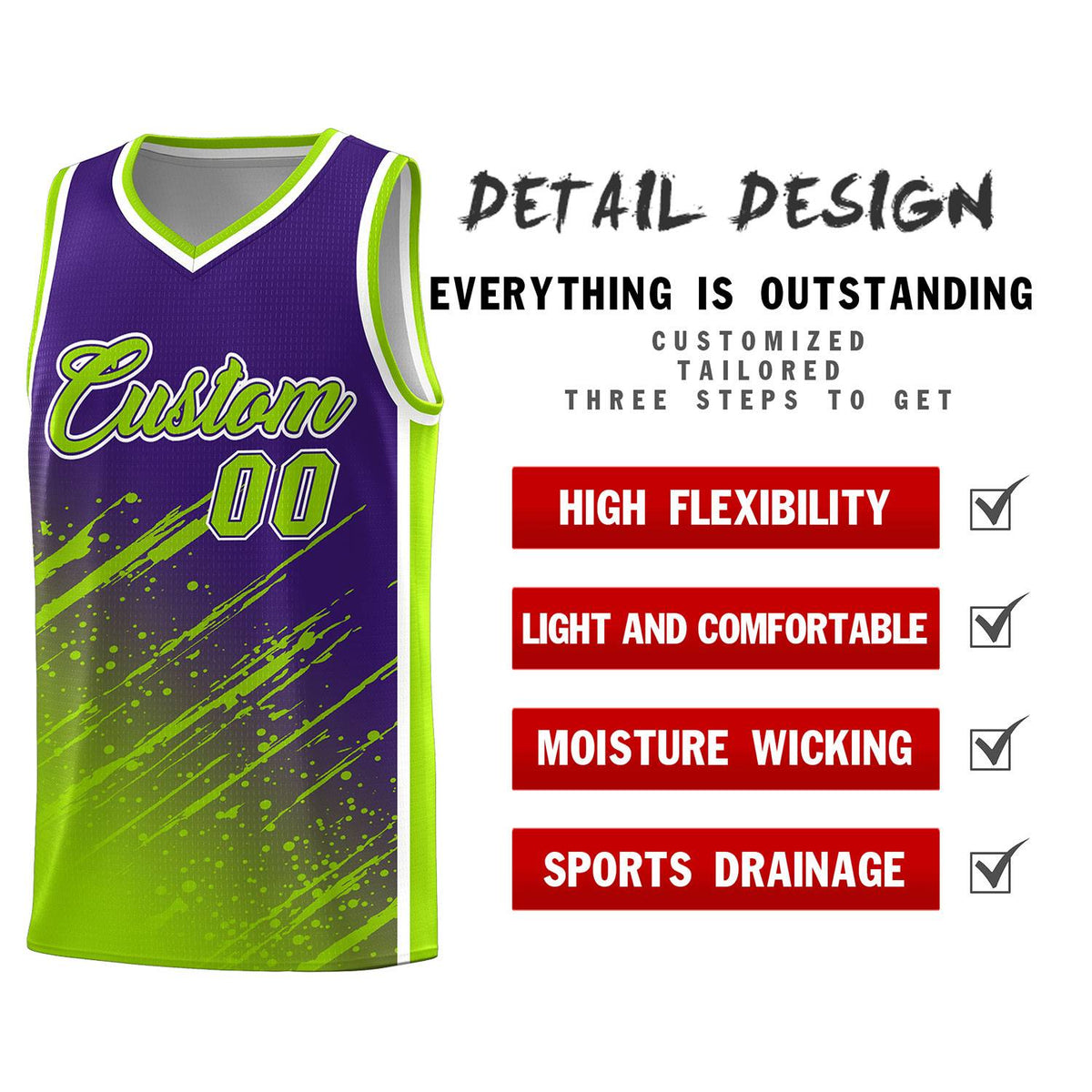 Custom Purple Basketball Kits With Neon Green Paint Graffiti