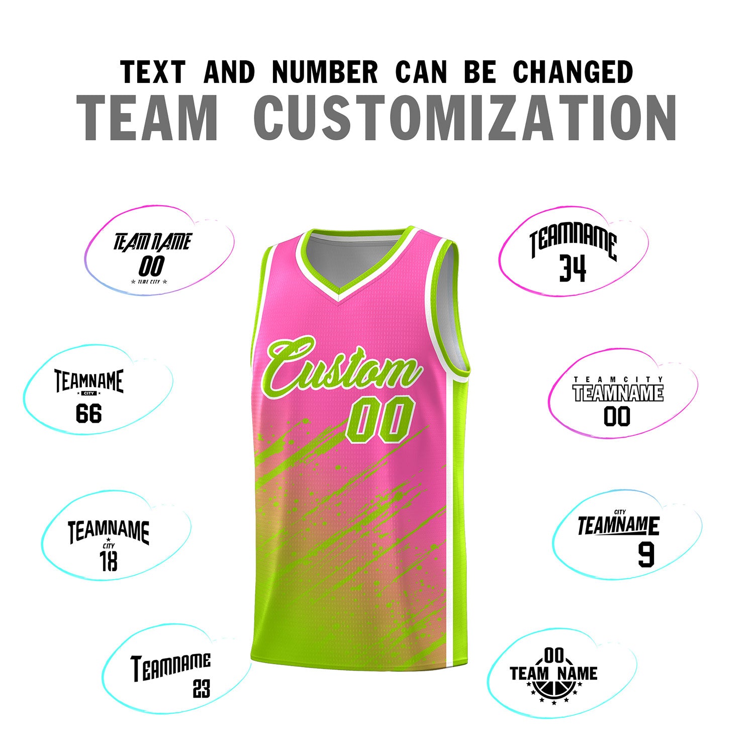 Custom Pink Basketball Kits With Neon Green Paint Graffiti