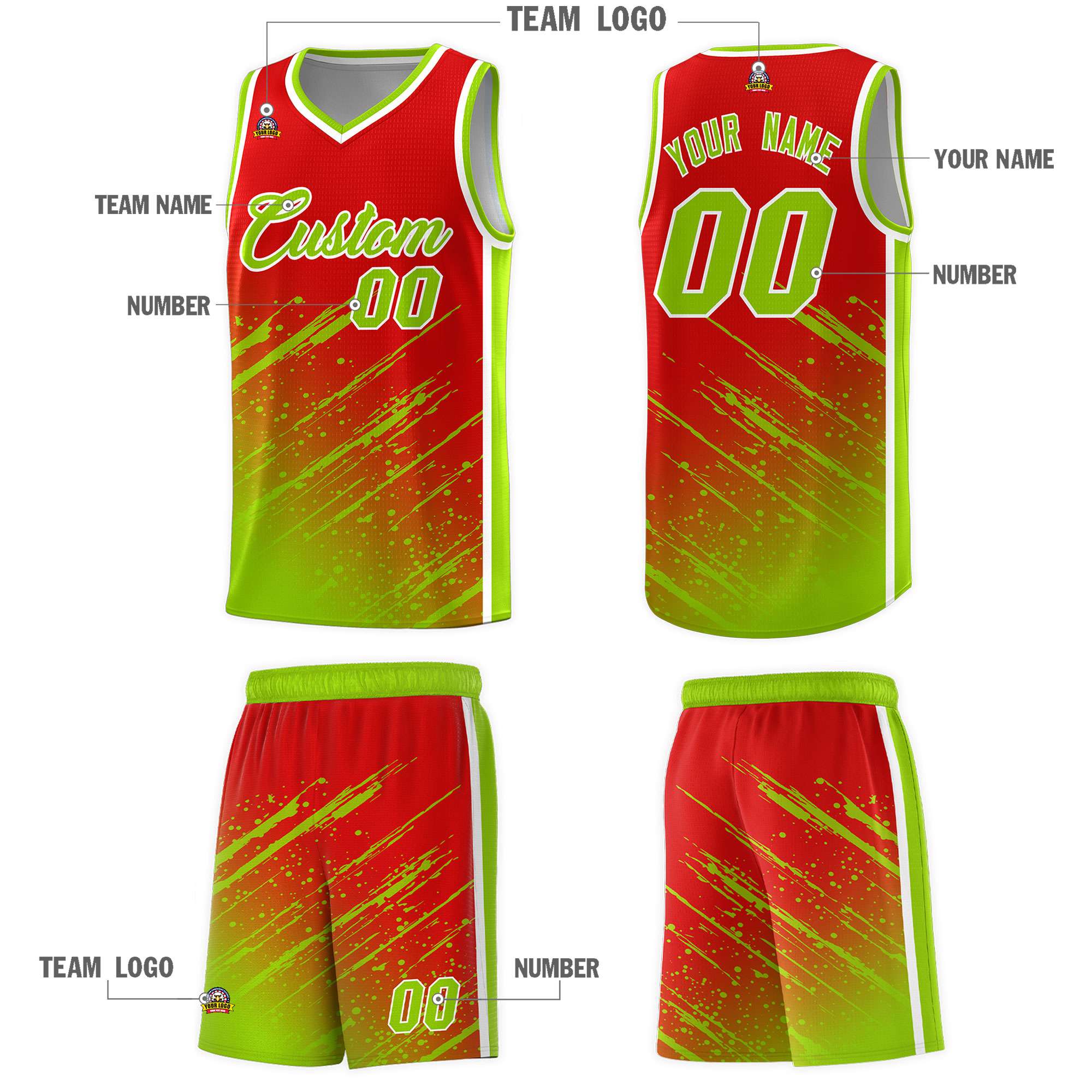 Custom Red Basketball Kits With Neon Green Paint Graffiti