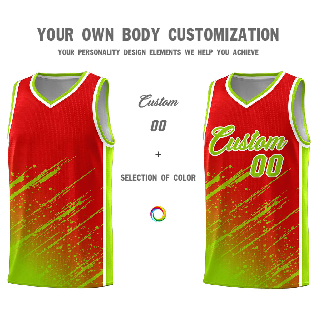 Custom Red Basketball Kits With Neon Green Paint Graffiti